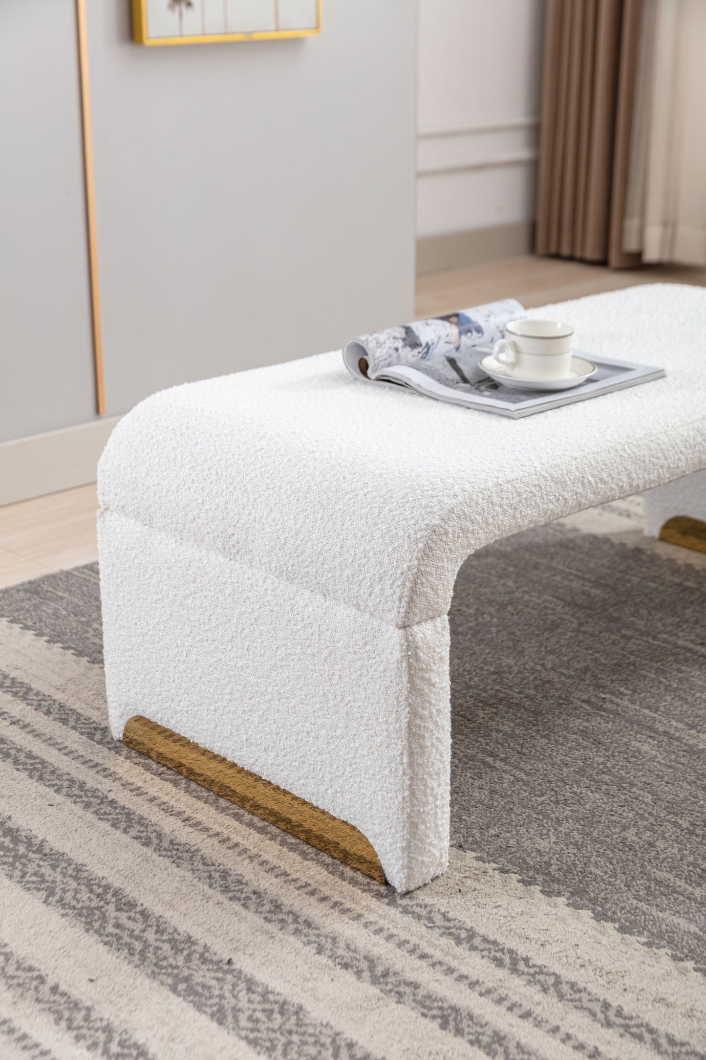 Boucle Fabric Footstool Bedroom Bench Shoe Bench With Gold Metal Legs, Ivory White