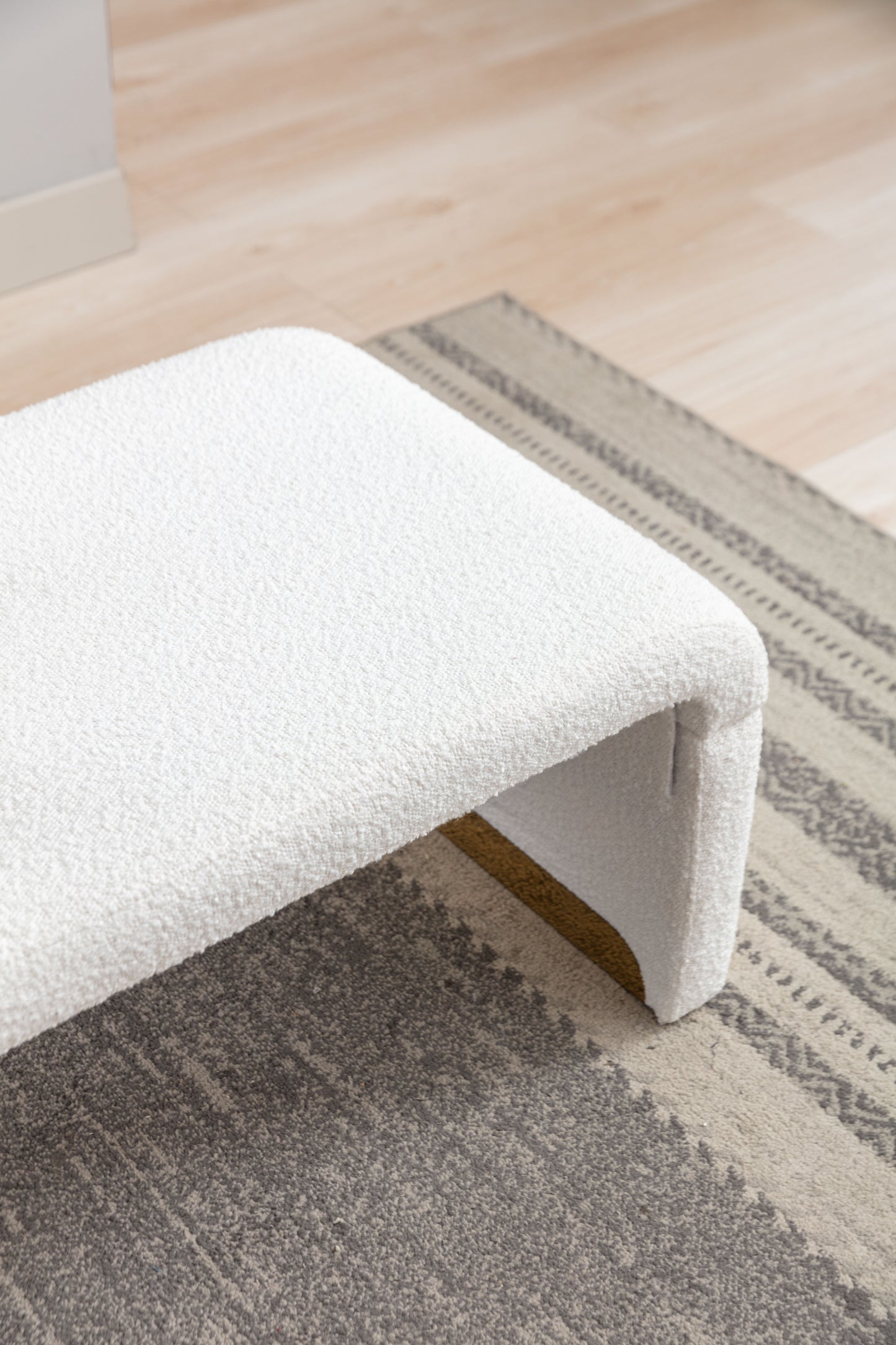 Boucle Fabric Footstool Bedroom Bench Shoe Bench With Gold Metal Legs, Ivory White