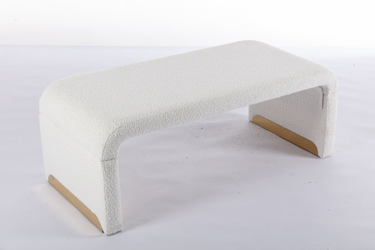 Boucle Fabric Footstool Bedroom Bench Shoe Bench With Gold Metal Legs, Ivory White