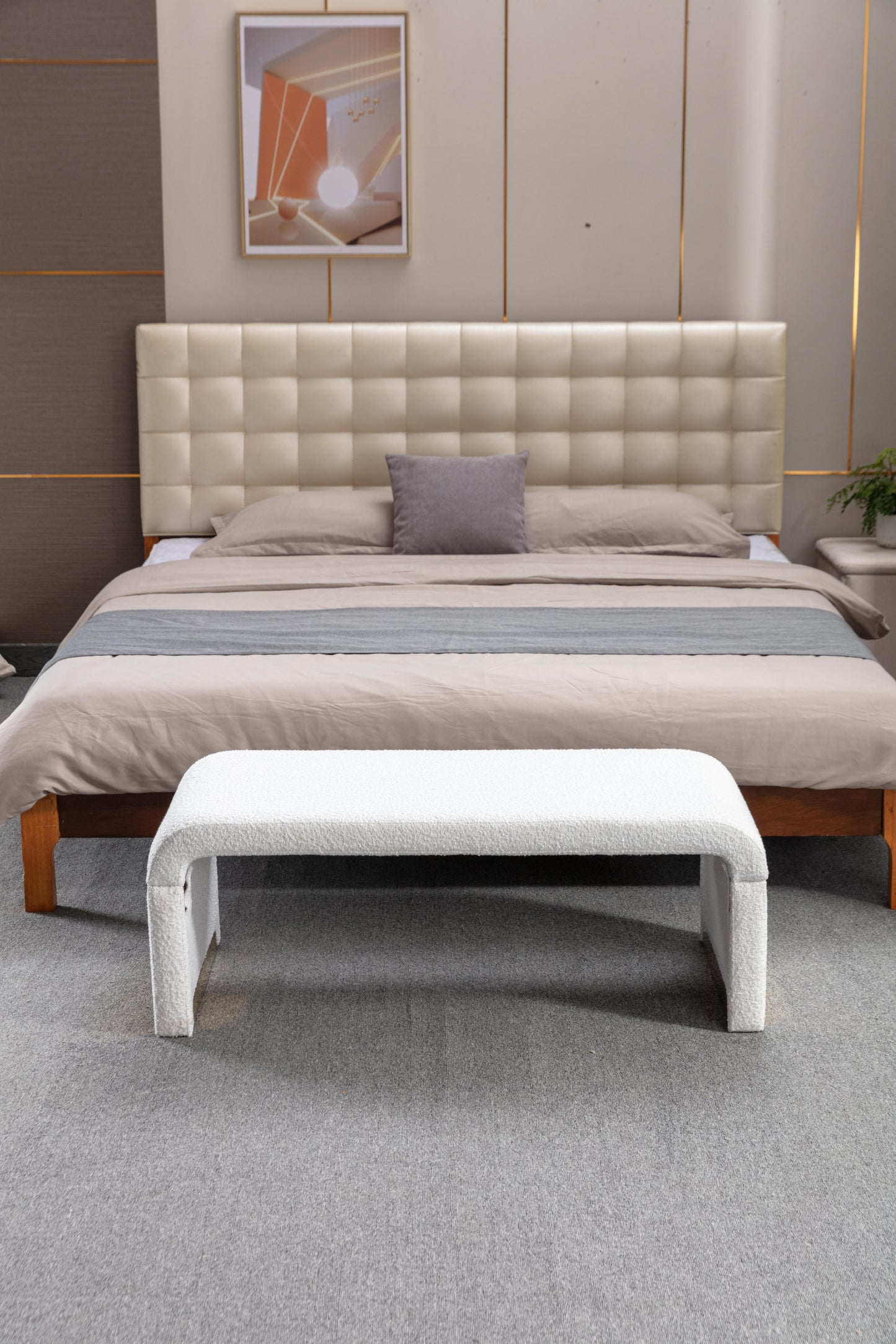 Boucle Fabric Footstool Bedroom Bench Shoe Bench With Gold Metal Legs, Ivory White