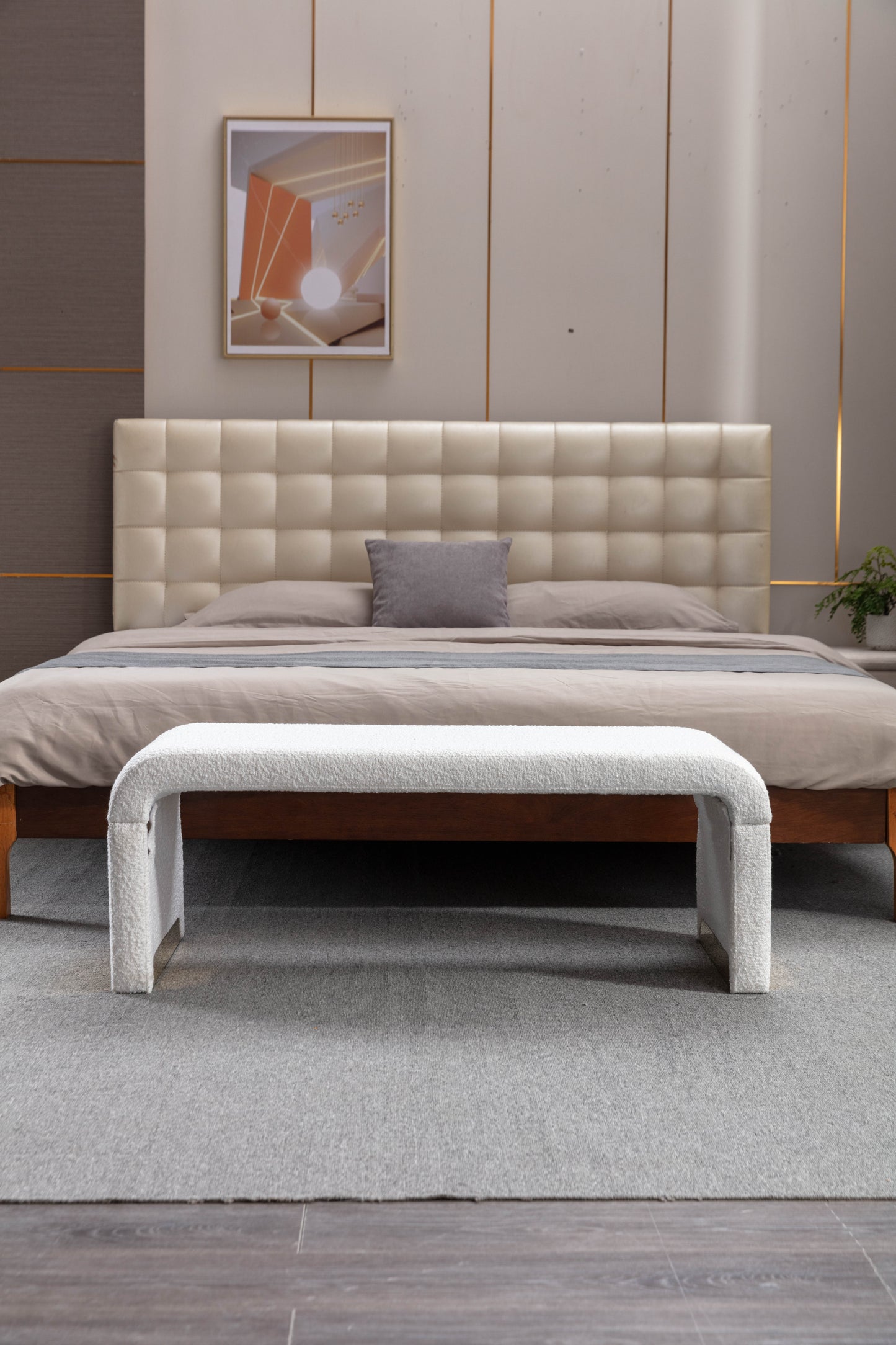 Boucle Fabric Footstool Bedroom Bench Shoe Bench With Gold Metal Legs, Ivory White
