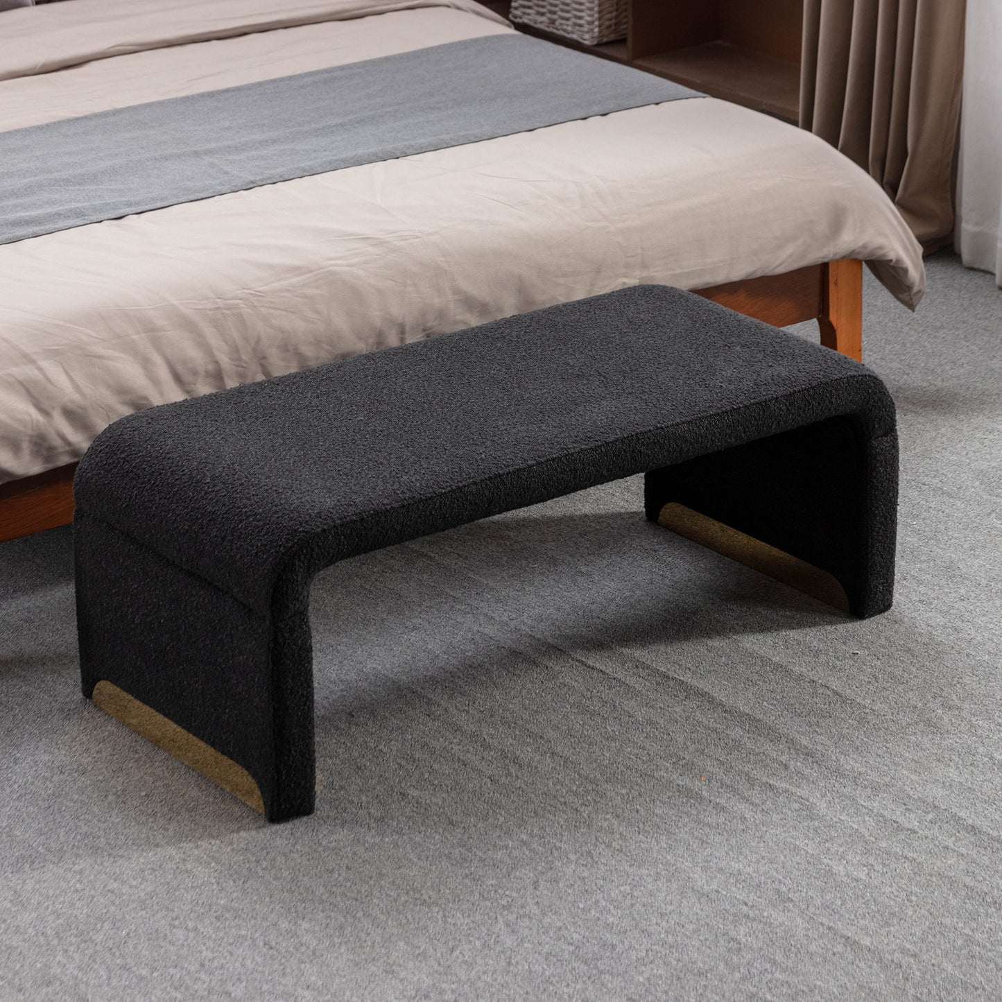 Boucle Fabric Footstool Bedroom Bench Shoe Bench With Gold Metal Legs, Black