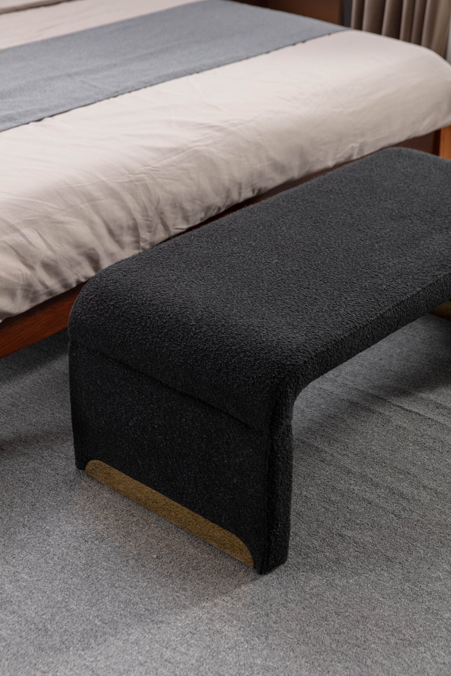 Boucle Fabric Footstool Bedroom Bench Shoe Bench With Gold Metal Legs, Black