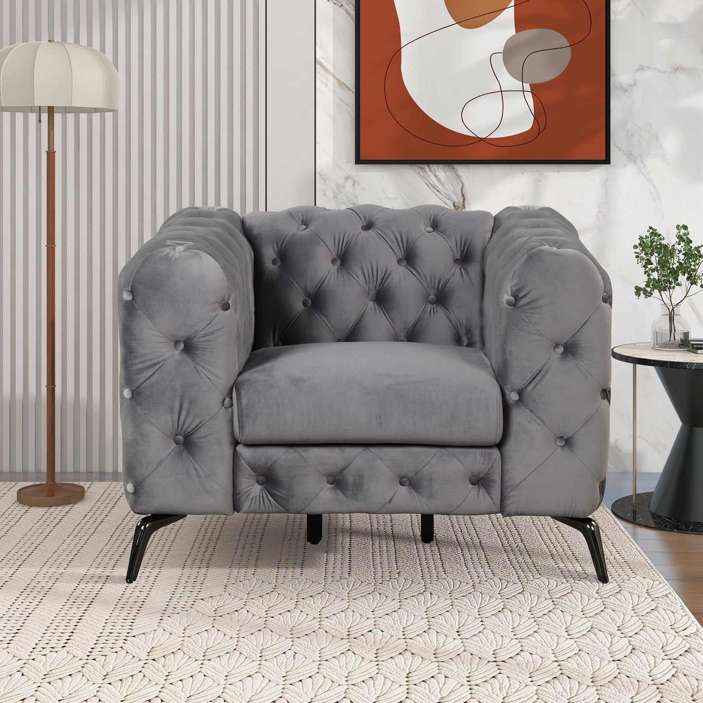 Velvet Upholstered Accent Chair with Button Tufted Back, Ideal for Living Room, Bedroom, or Small Spaces - 40.5 Inch, Gray