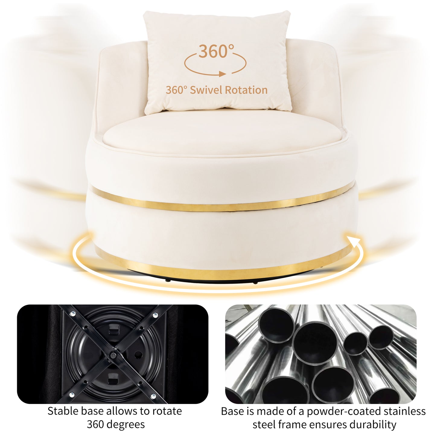 360 Degree Swivel Velvet Accent Chair, Barrel Chair Over-Sized Soft Chair with Seat Cushion, Beige