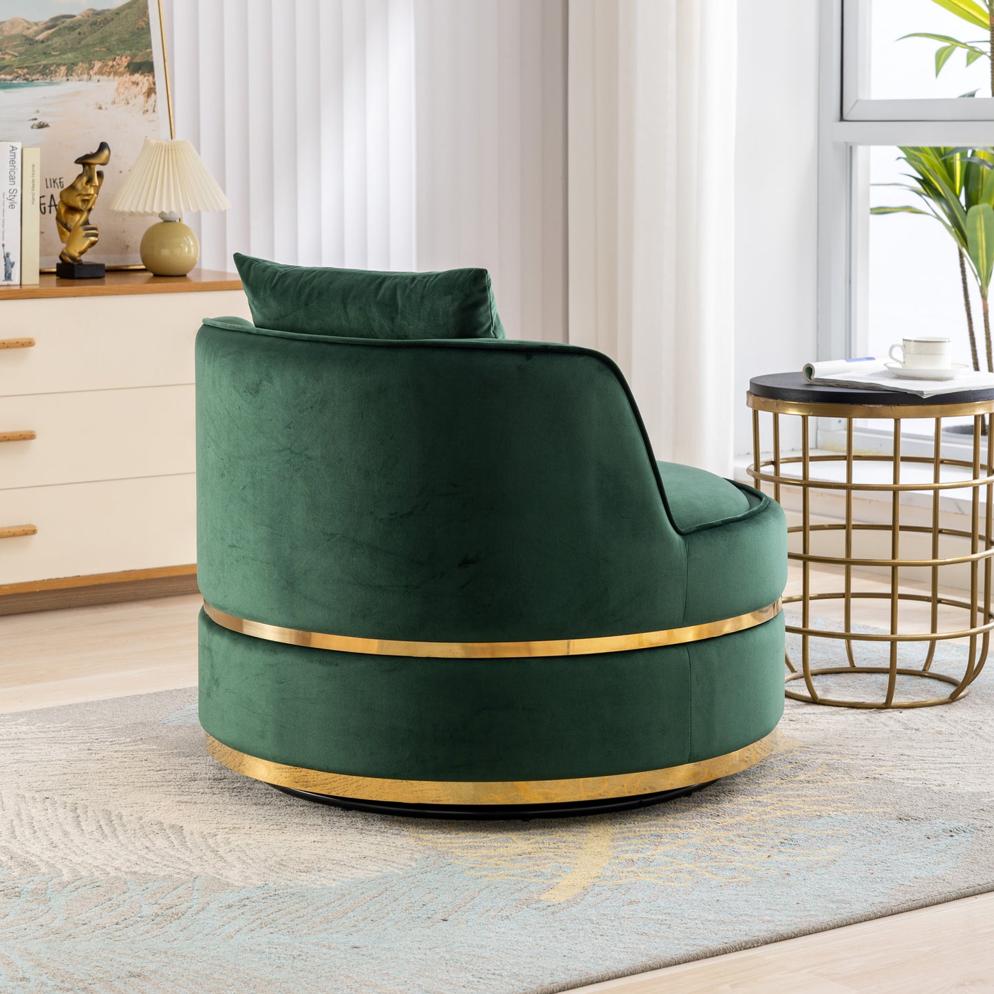 360 Degree Swivel Velvet Accent Chair, Barrel Chair Over-Sized Soft Chair with Seat Cushion, Green