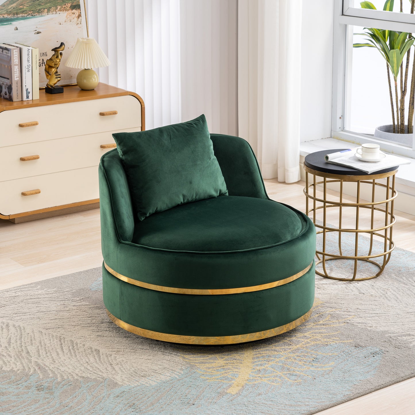 360 Degree Swivel Velvet Accent Chair, Barrel Chair Over-Sized Soft Chair with Seat Cushion, Green