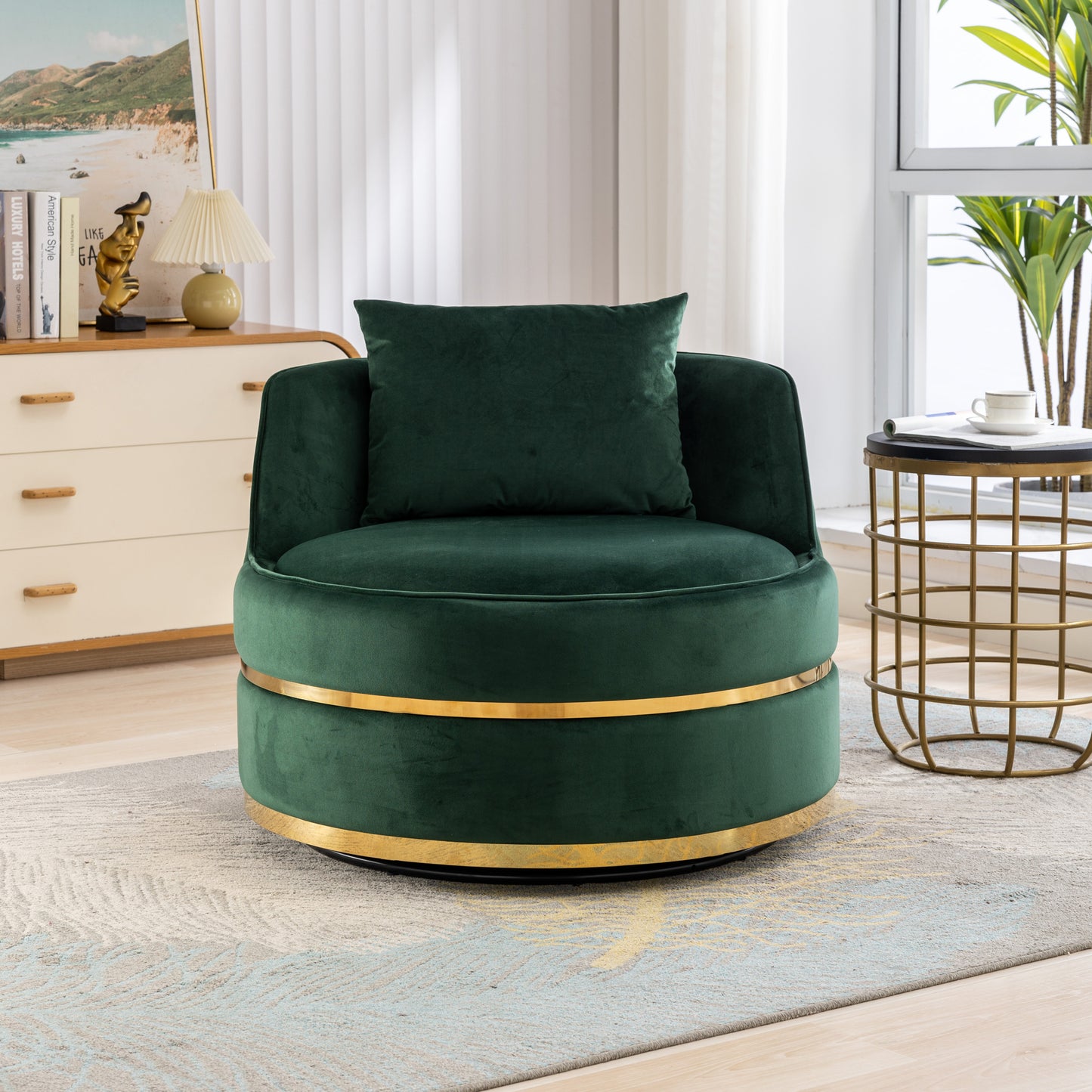 360 Degree Swivel Velvet Accent Chair, Barrel Chair Over-Sized Soft Chair with Seat Cushion, Green