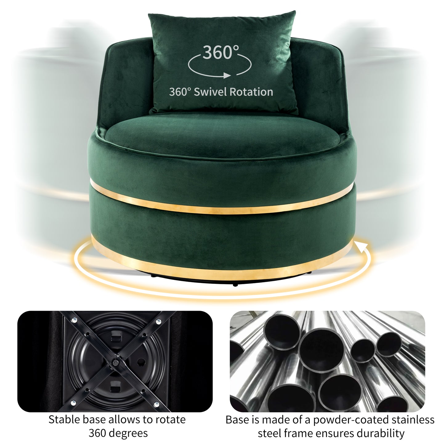 360 Degree Swivel Velvet Accent Chair, Barrel Chair Over-Sized Soft Chair with Seat Cushion, Green
