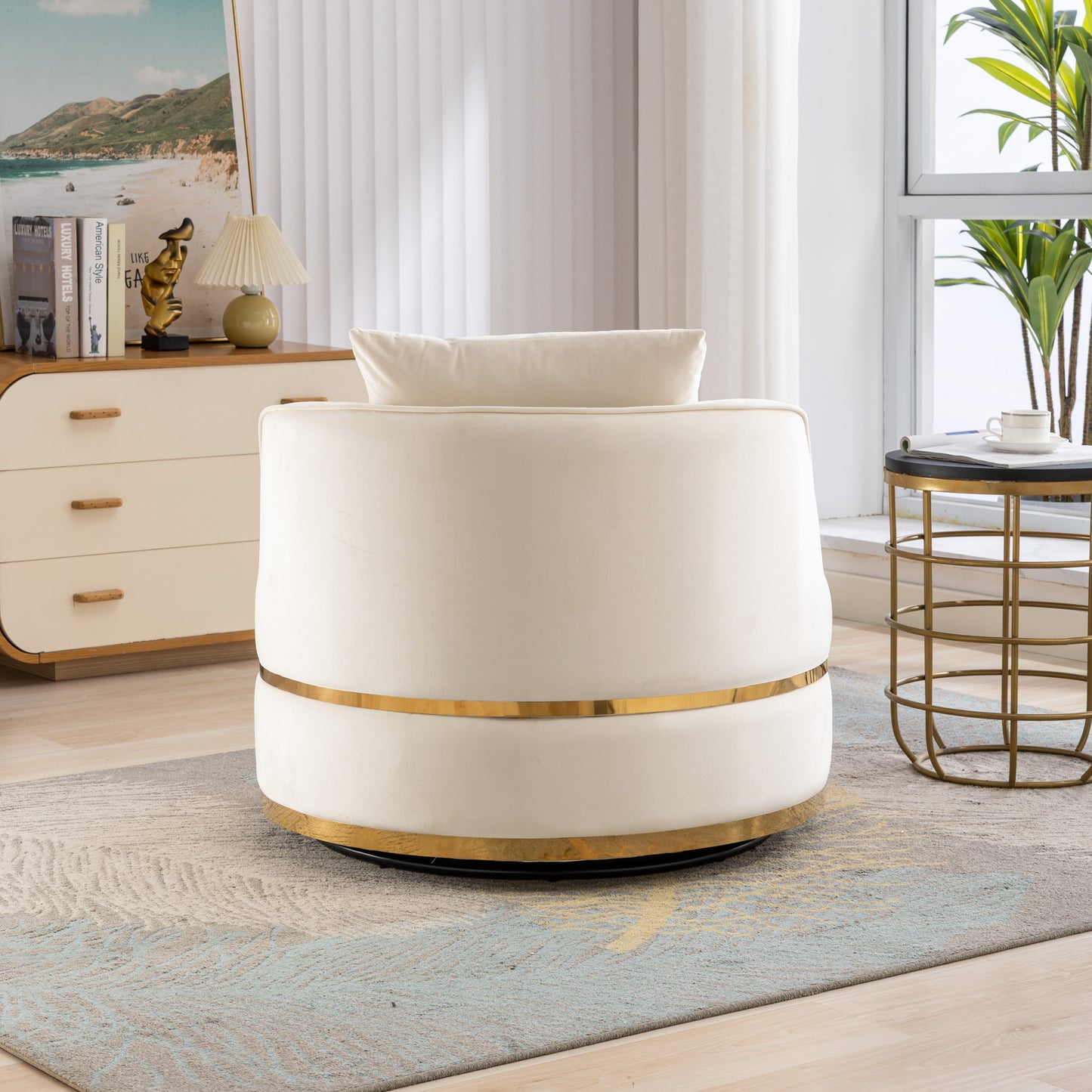 360 Degree Swivel Velvet Accent Chair, Barrel Chair Over-Sized Soft Chair with Seat Cushion, Beige