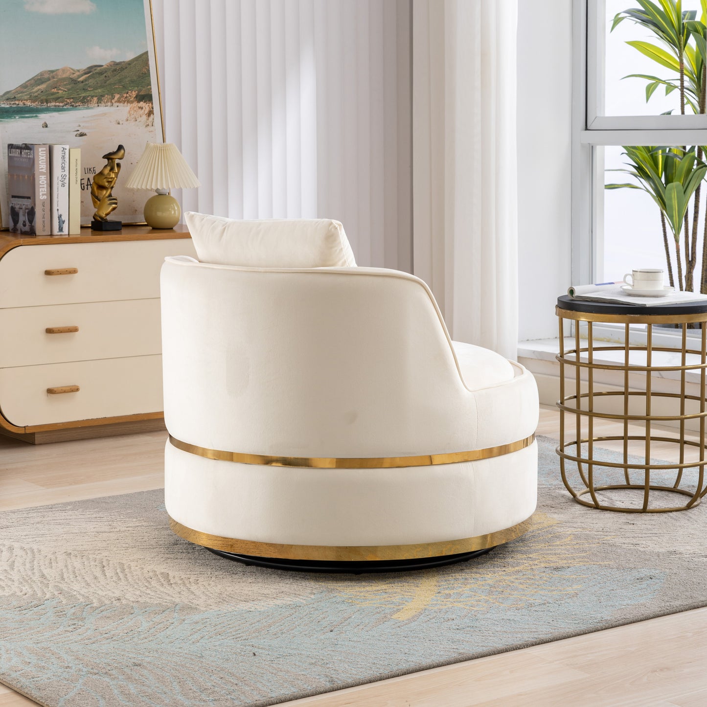 360 Degree Swivel Velvet Accent Chair, Barrel Chair Over-Sized Soft Chair with Seat Cushion, Beige