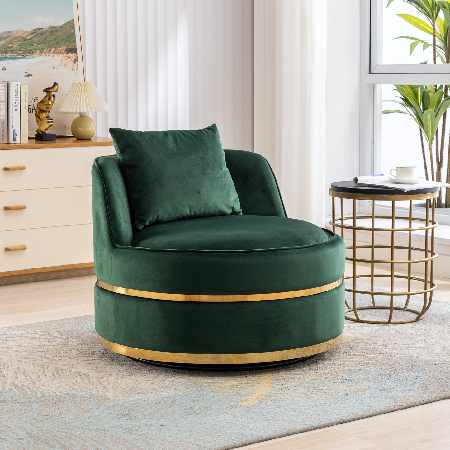 360 Degree Swivel Velvet Accent Chair, Barrel Chair Over-Sized Soft Chair with Seat Cushion, Green