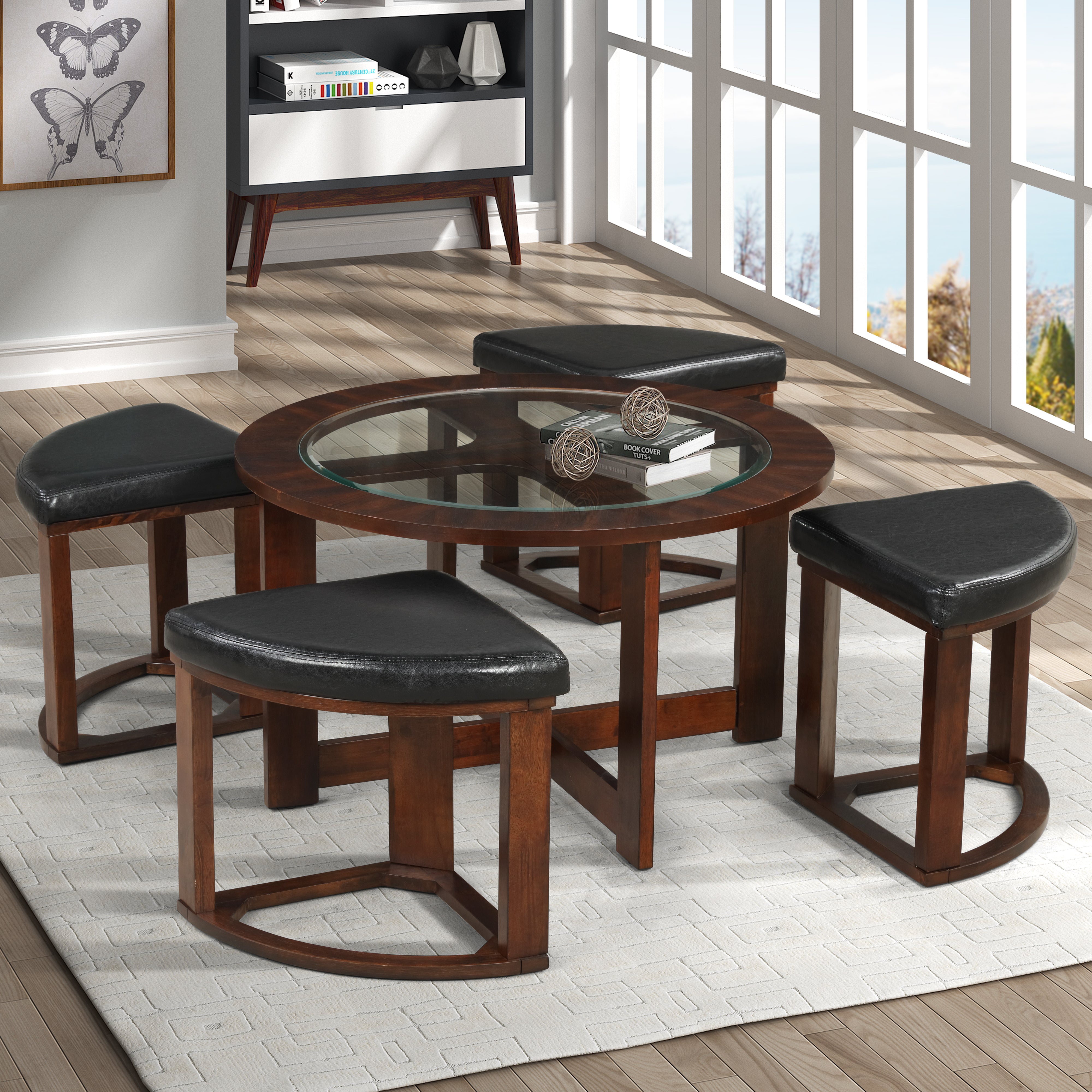Coffee Table With Stools Solid Wood Glass Top Coffee Table W