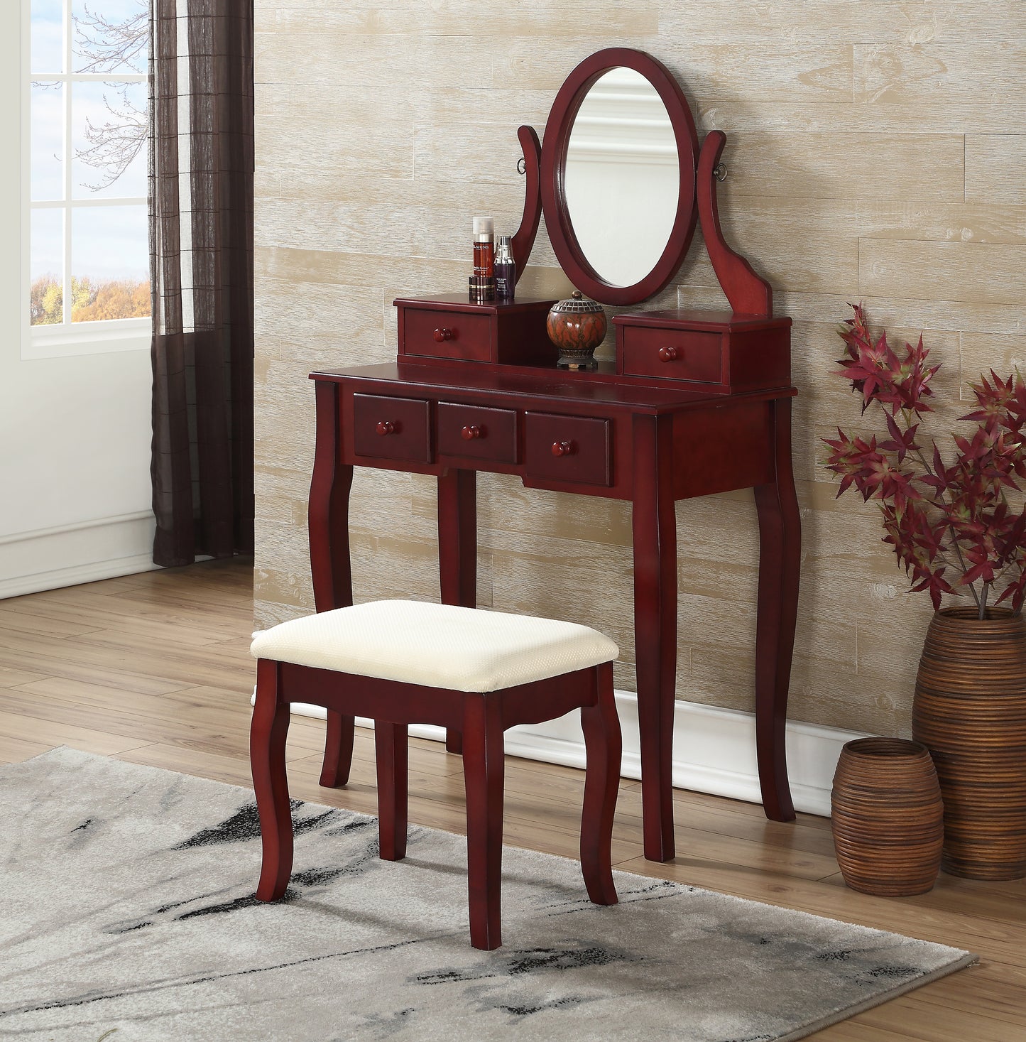 Ashley Wood Makeup Vanity Table and Stool Set - Cherry