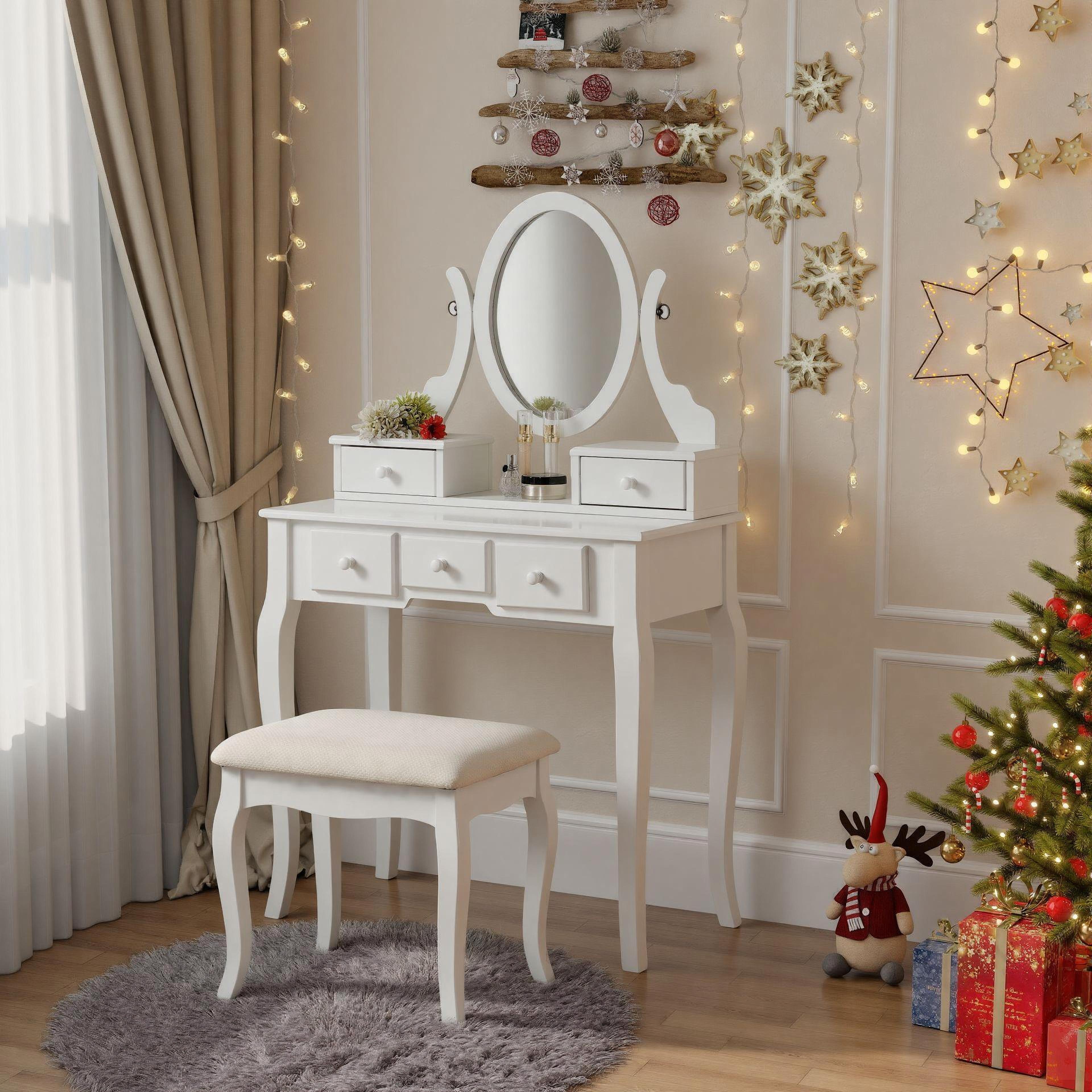 Ashley Wood Makeup Vanity Table and Stool Set White Roundhill Furniture Ashley Wood Makeup Vanity Table and Stool Set White Roundhill Furniture