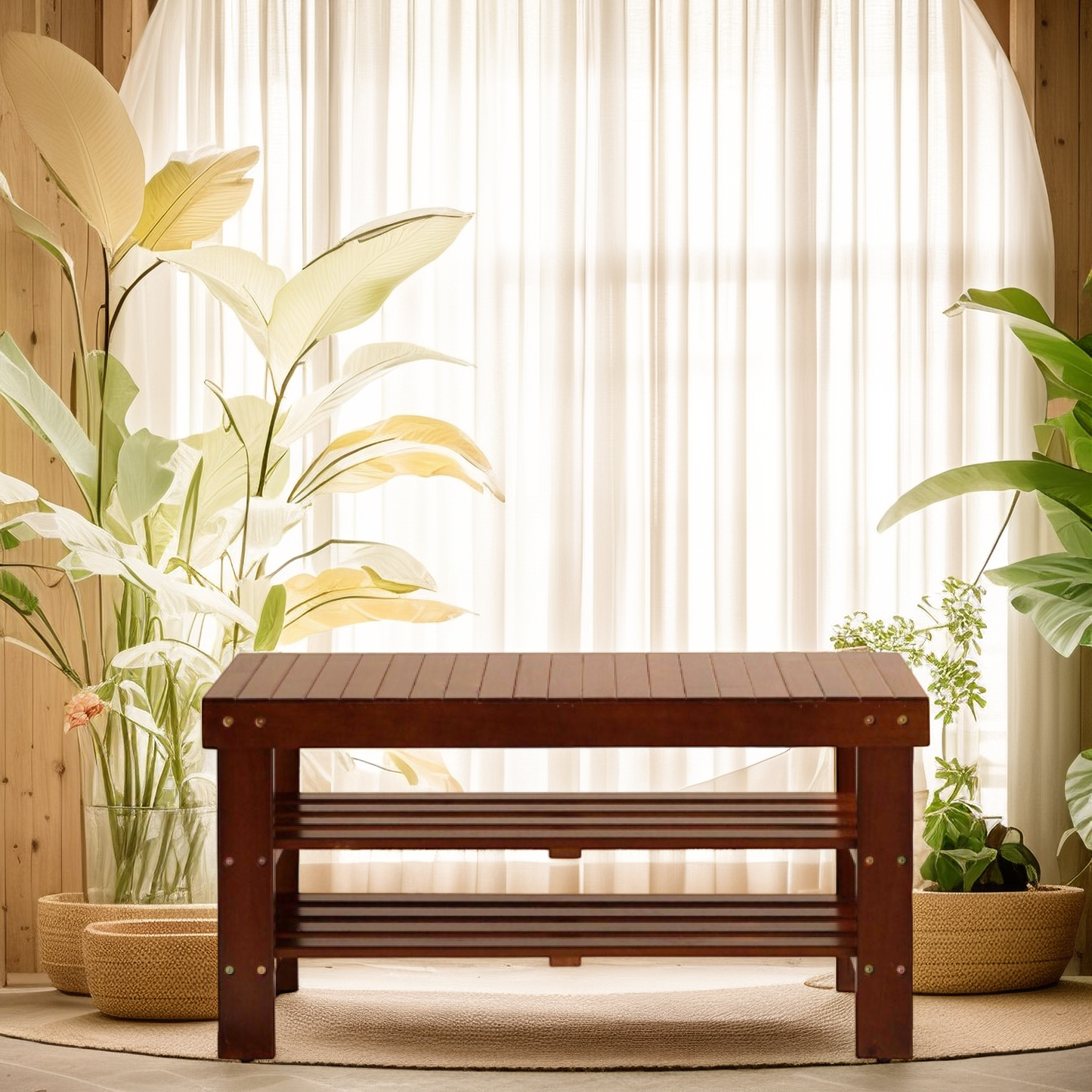 Cherry Finish Solid Wood Shoe Bench with Shelf