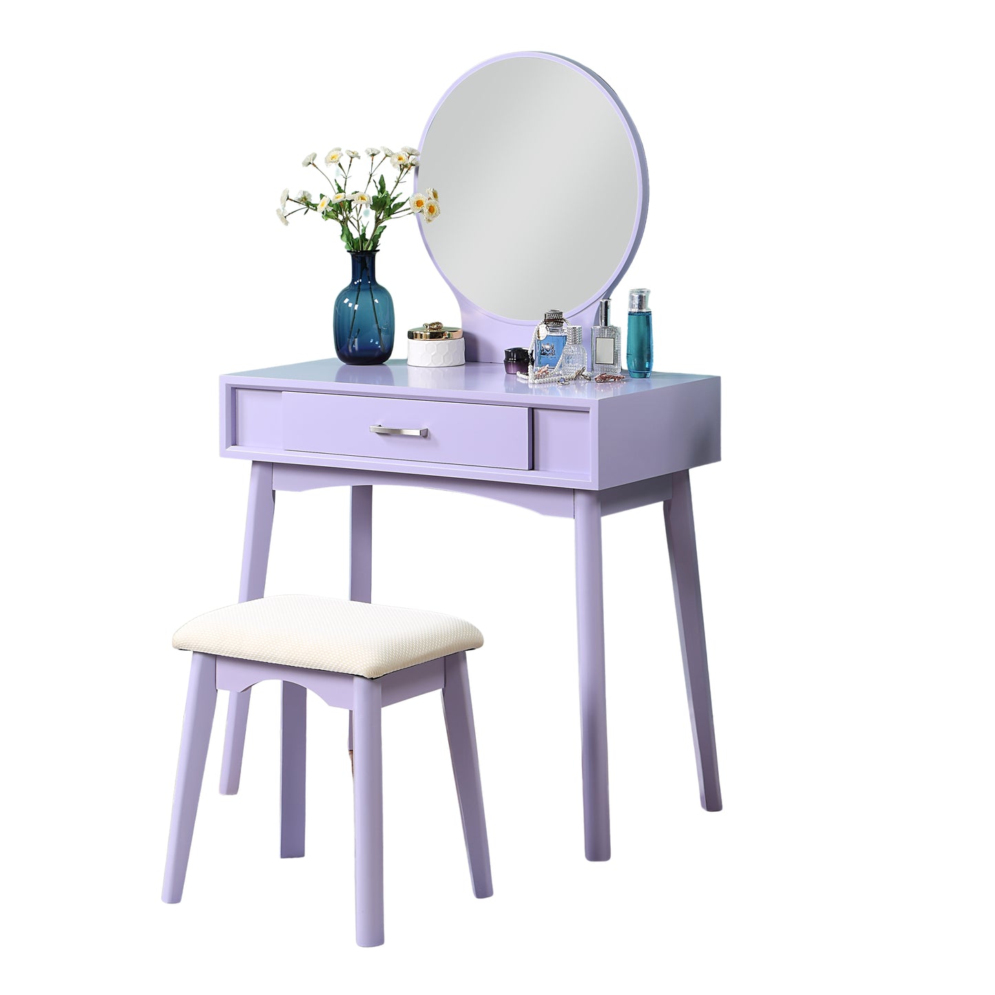 Maly Contemporary Wood Vanity and Stool Set, Purple