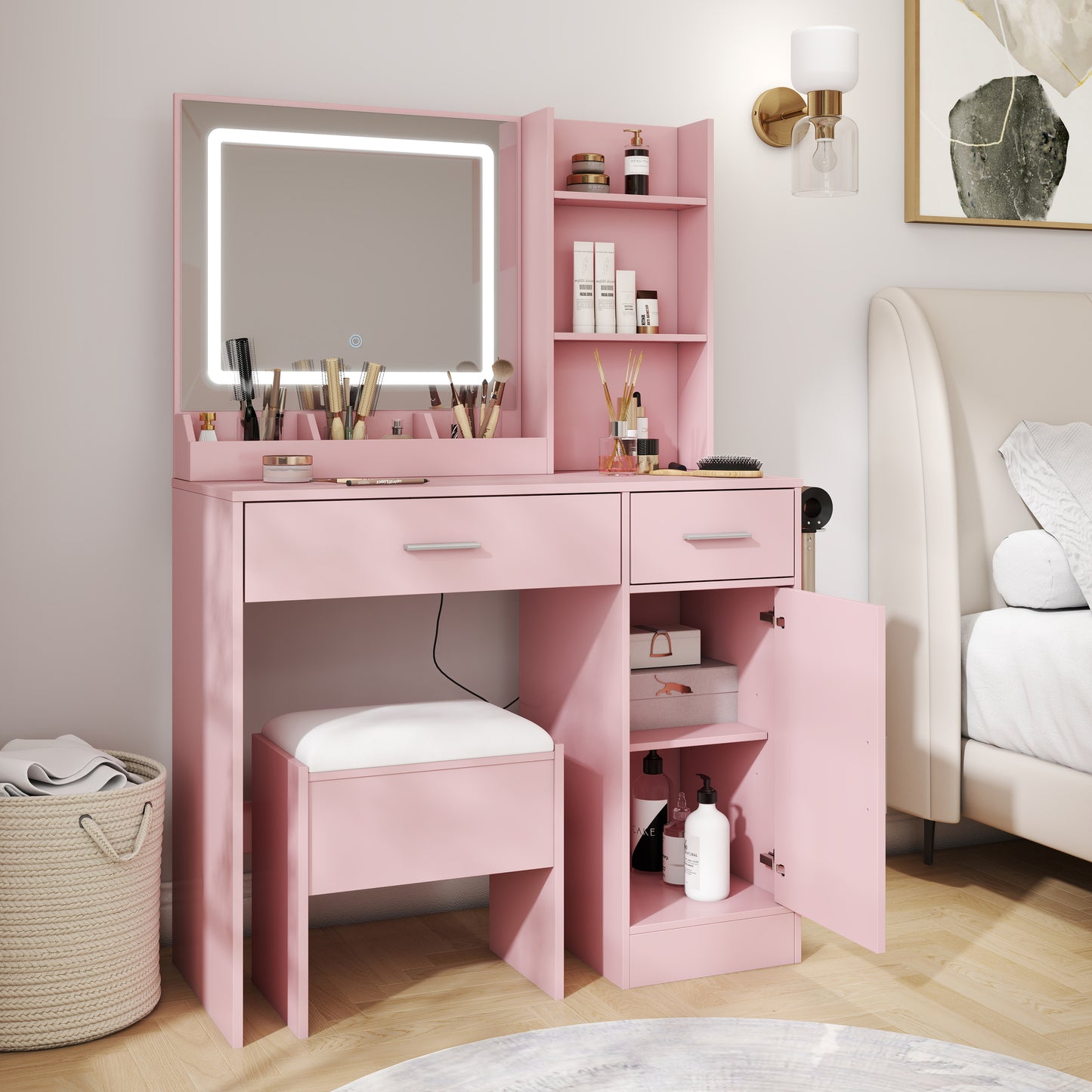 Roundhill Furniture Lavin Makeup Vanity Set, Vanity Desk with Stool, LED Light Mirror and Charging Station