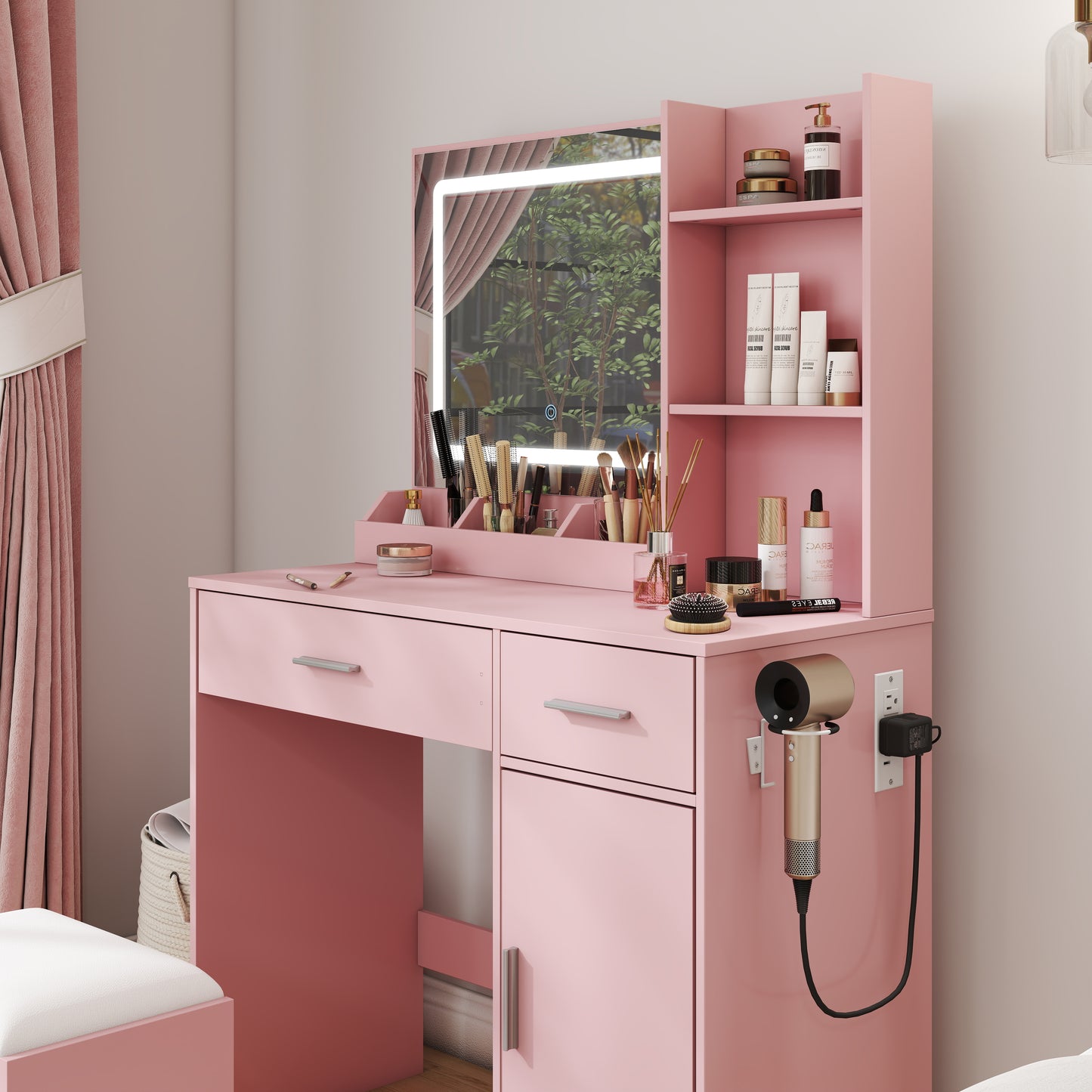 Roundhill Furniture Lavin Makeup Vanity Set, Vanity Desk with Stool, LED Light Mirror and Charging Station