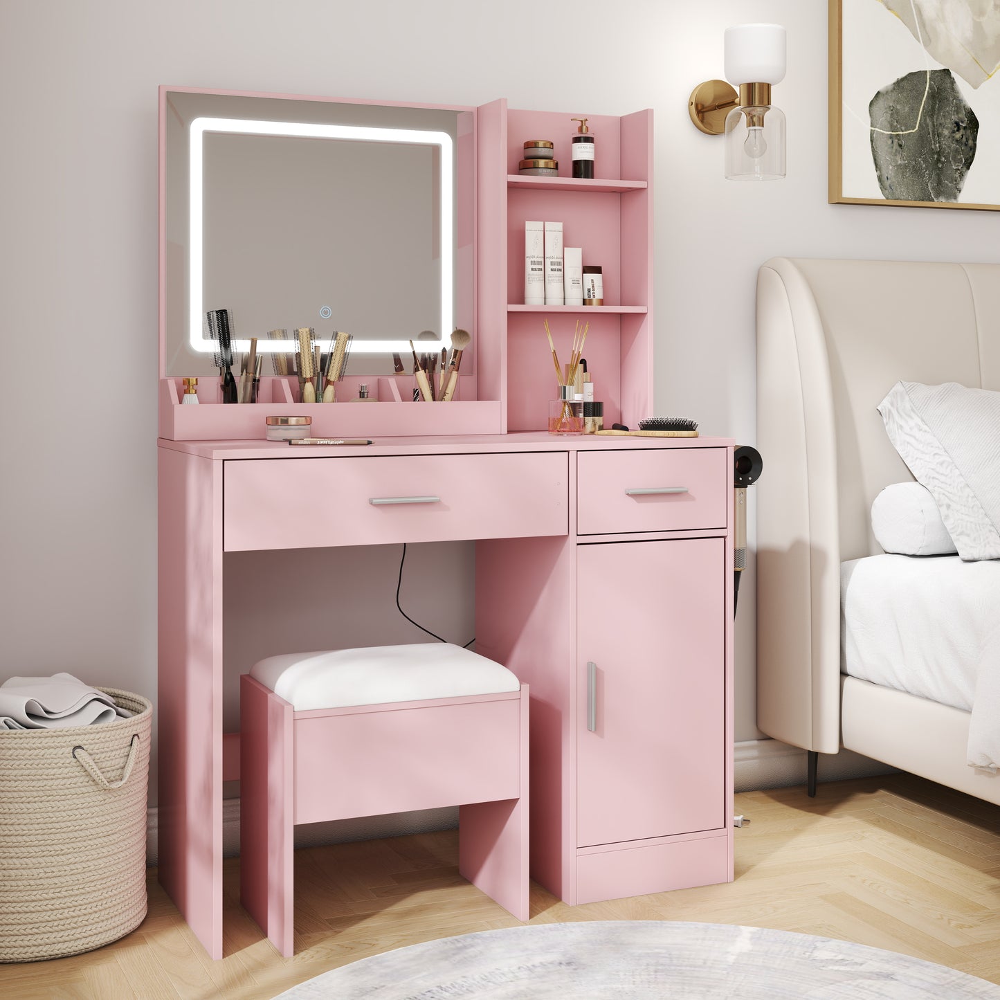 Roundhill Furniture Lavin Makeup Vanity Set, Vanity Desk with Stool, LED Light Mirror and Charging Station