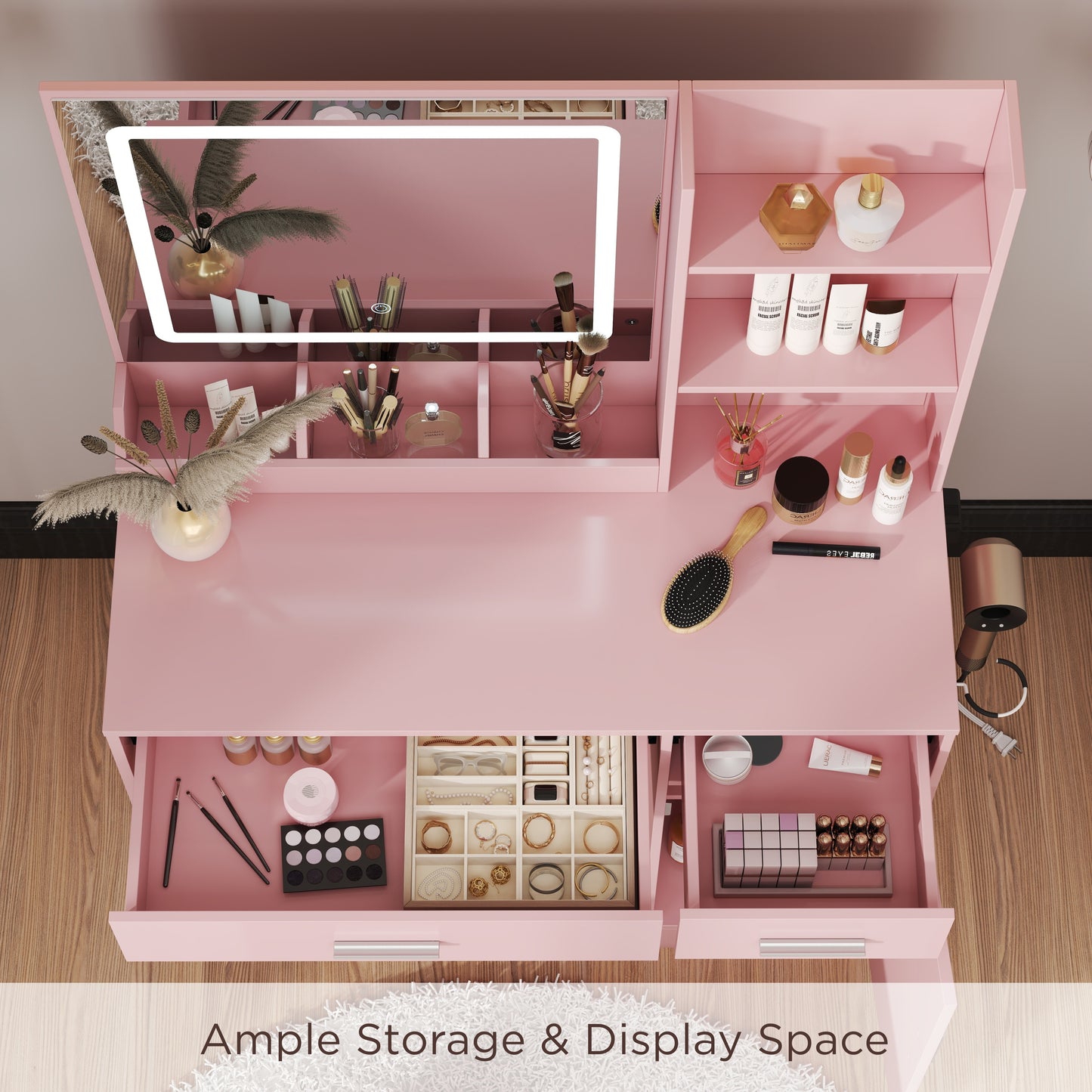 Roundhill Furniture Lavin Makeup Vanity Set, Vanity Desk with Stool, LED Light Mirror and Charging Station