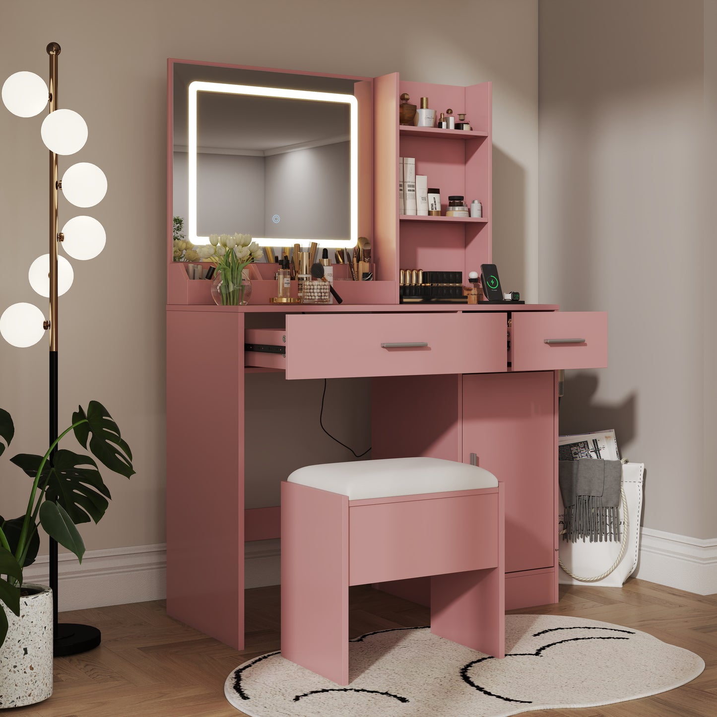 Roundhill Furniture Lavin Makeup Vanity Set, Vanity Desk with Stool, LED Light Mirror and Charging Station