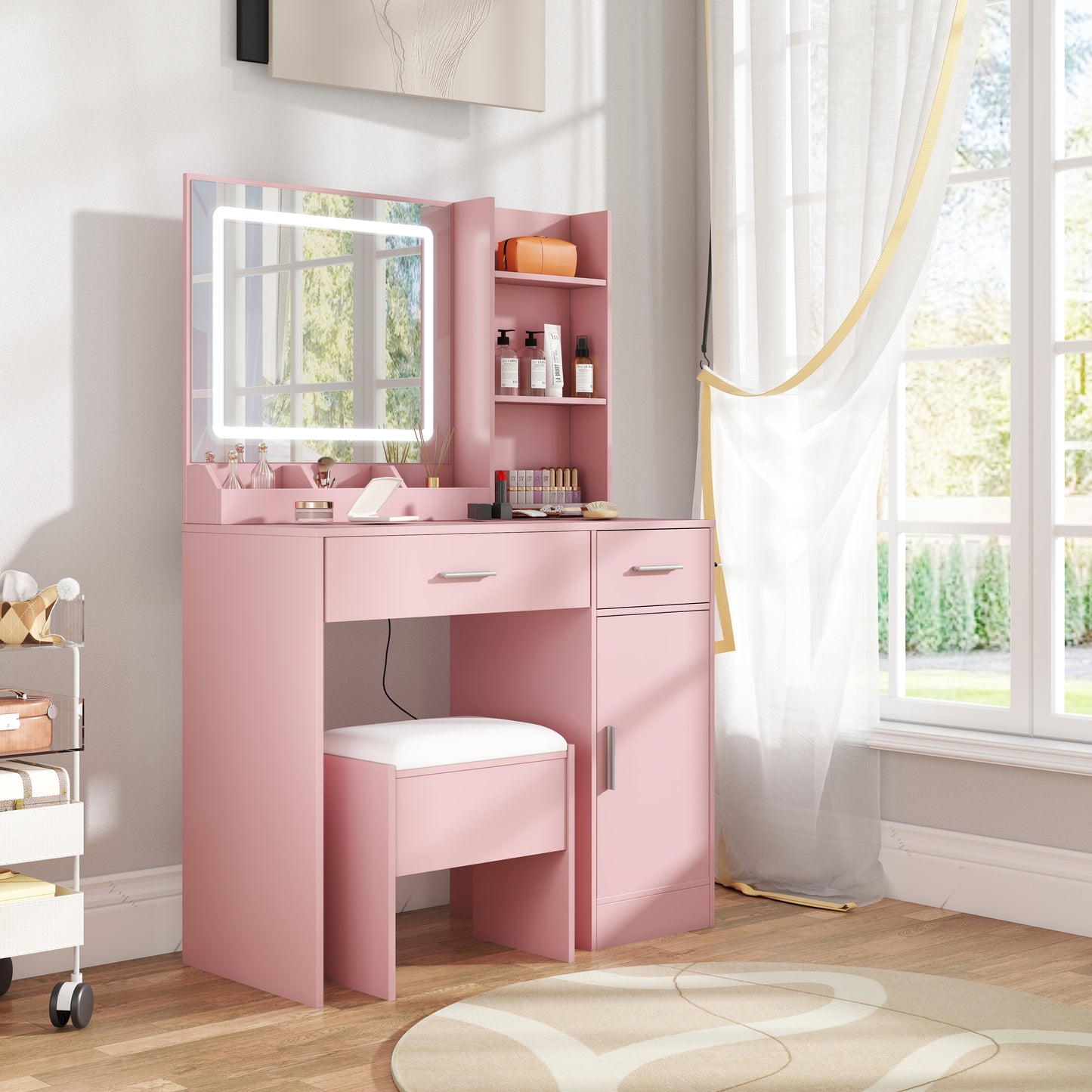 Roundhill Furniture Lavin Makeup Vanity Set, Vanity Desk with Stool, LED Light Mirror and Charging Station
