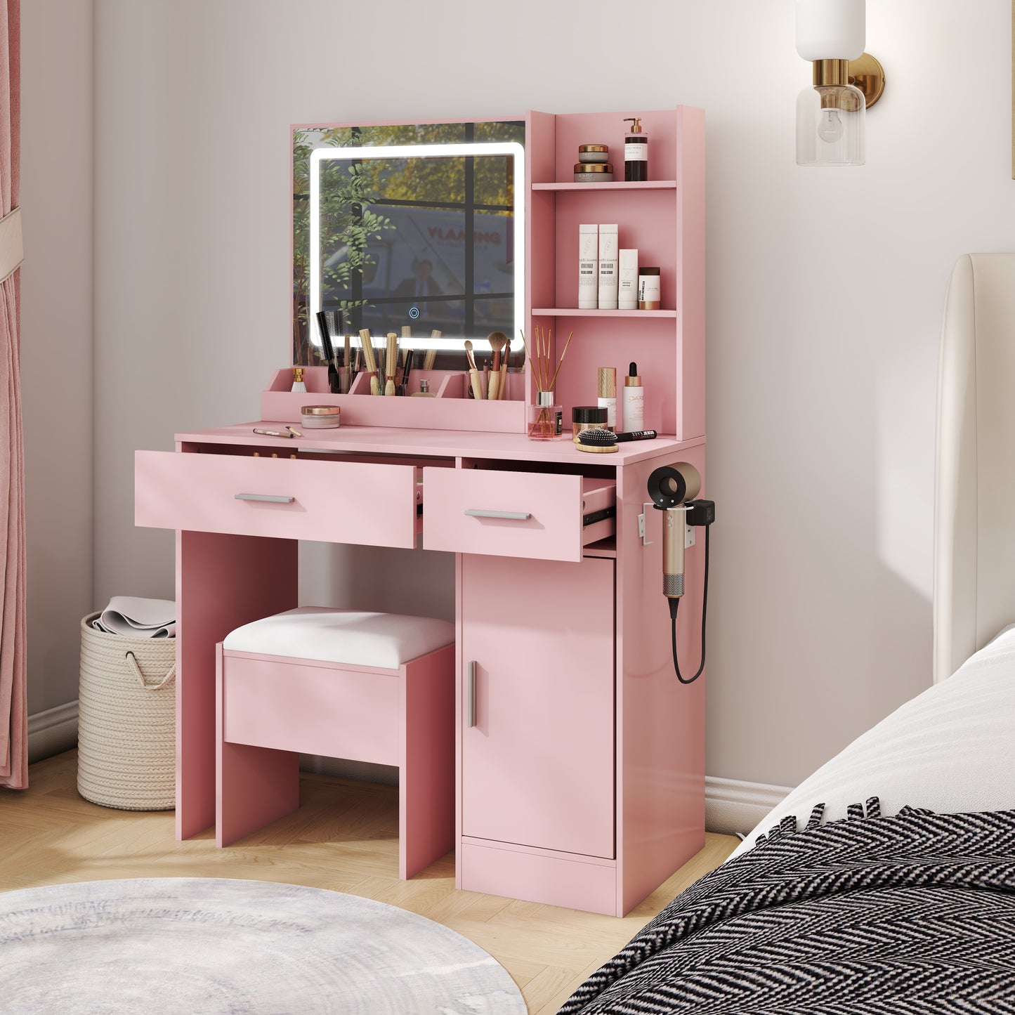 Roundhill Furniture Lavin Makeup Vanity Set, Vanity Desk with Stool, LED Light Mirror and Charging Station