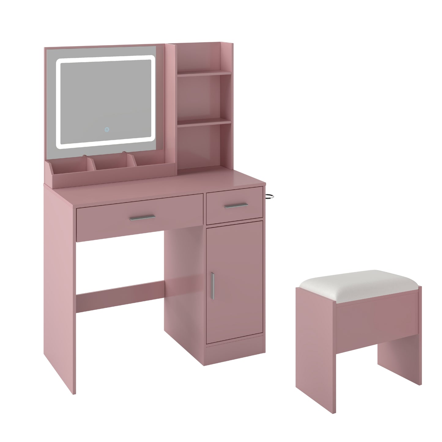 Roundhill Furniture Lavin Makeup Vanity Set, Vanity Desk with Stool, LED Light Mirror and Charging Station