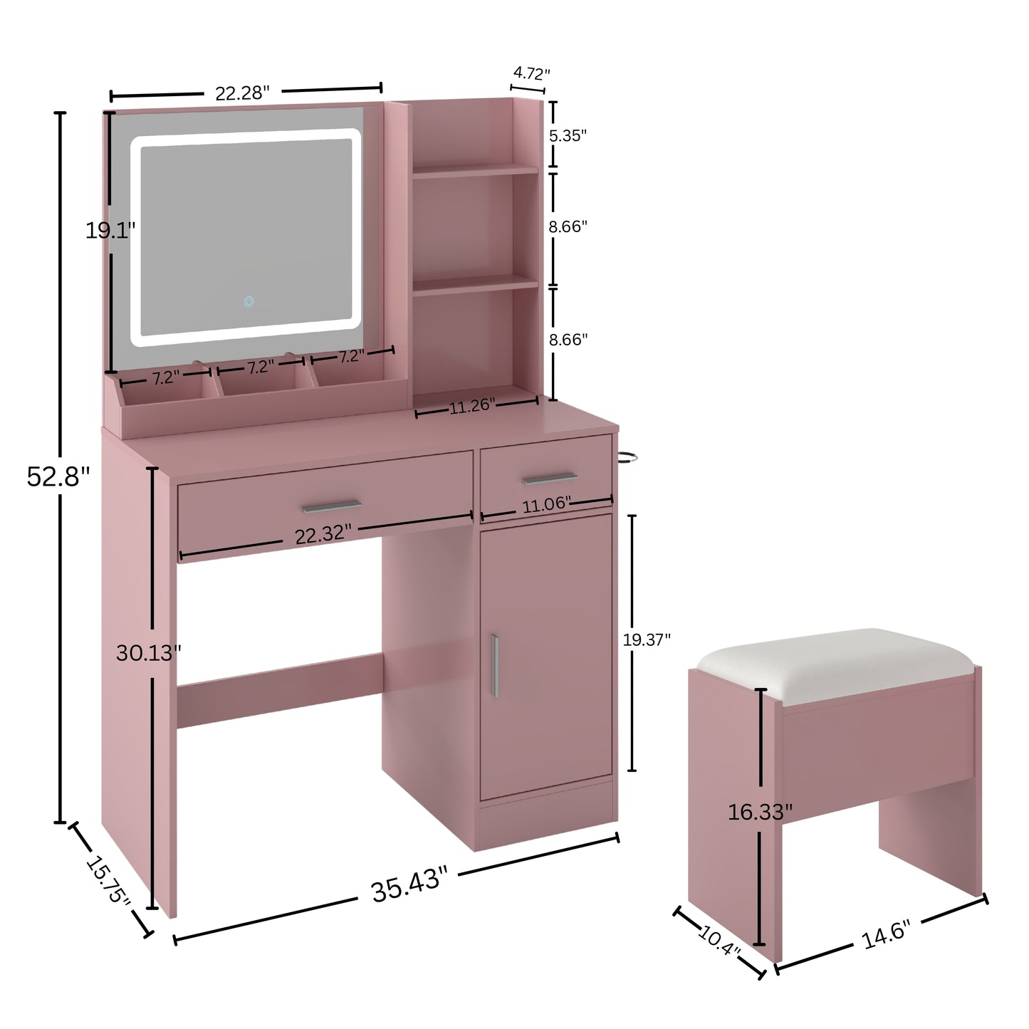 Roundhill Furniture Lavin Makeup Vanity Set, Vanity Desk with Stool, LED Light Mirror and Charging Station