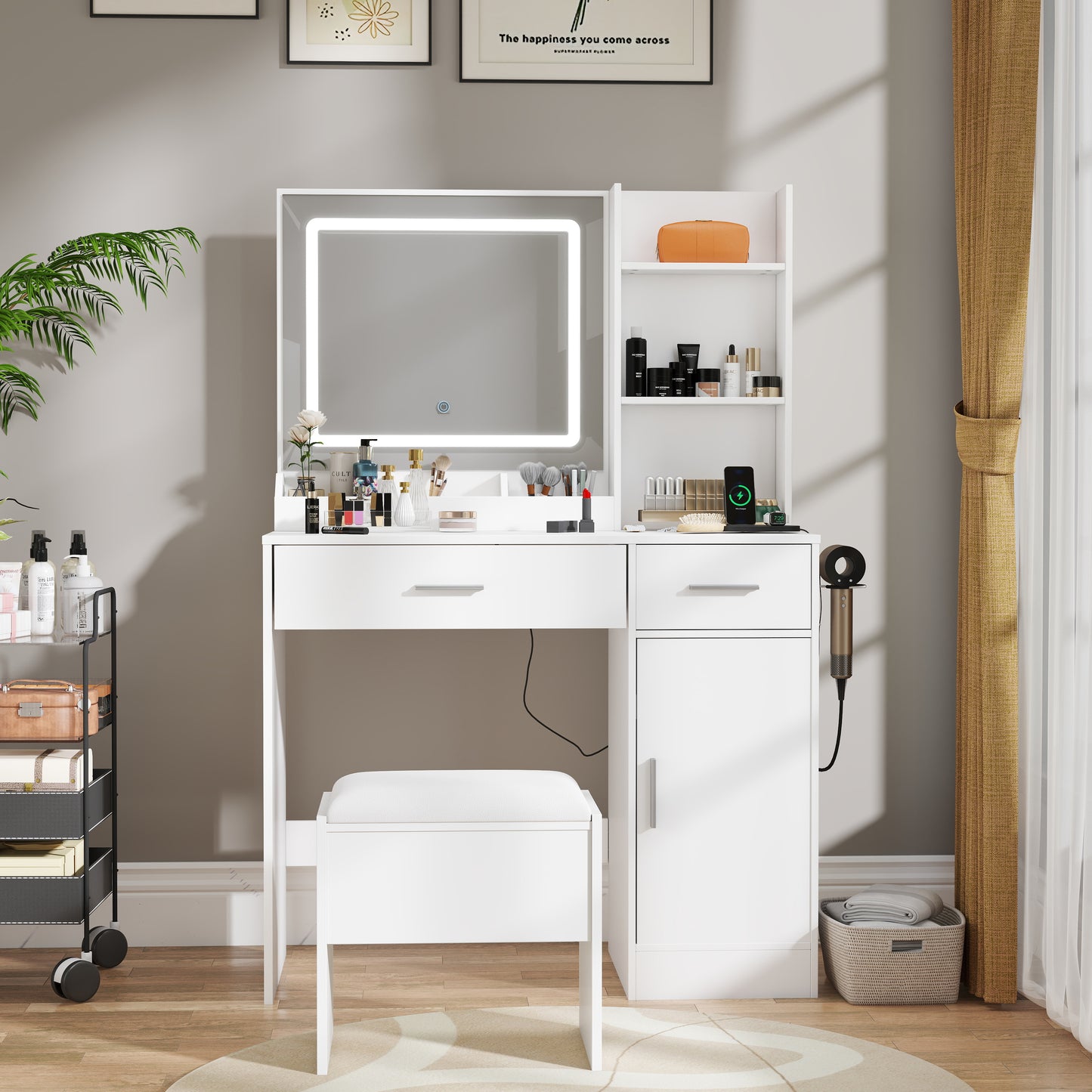 Roundhill Furniture Lavin Makeup Vanity Set, Vanity Desk with Stool, LED Light Mirror and Charging Station