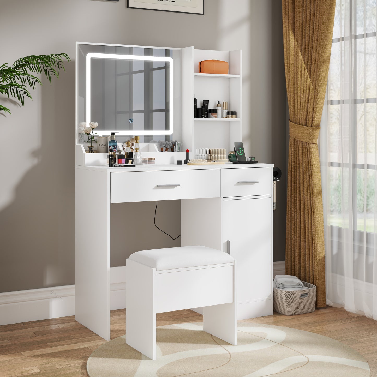 Roundhill Furniture Lavin Makeup Vanity Set, Vanity Desk with Stool, LED Light Mirror and Charging Station