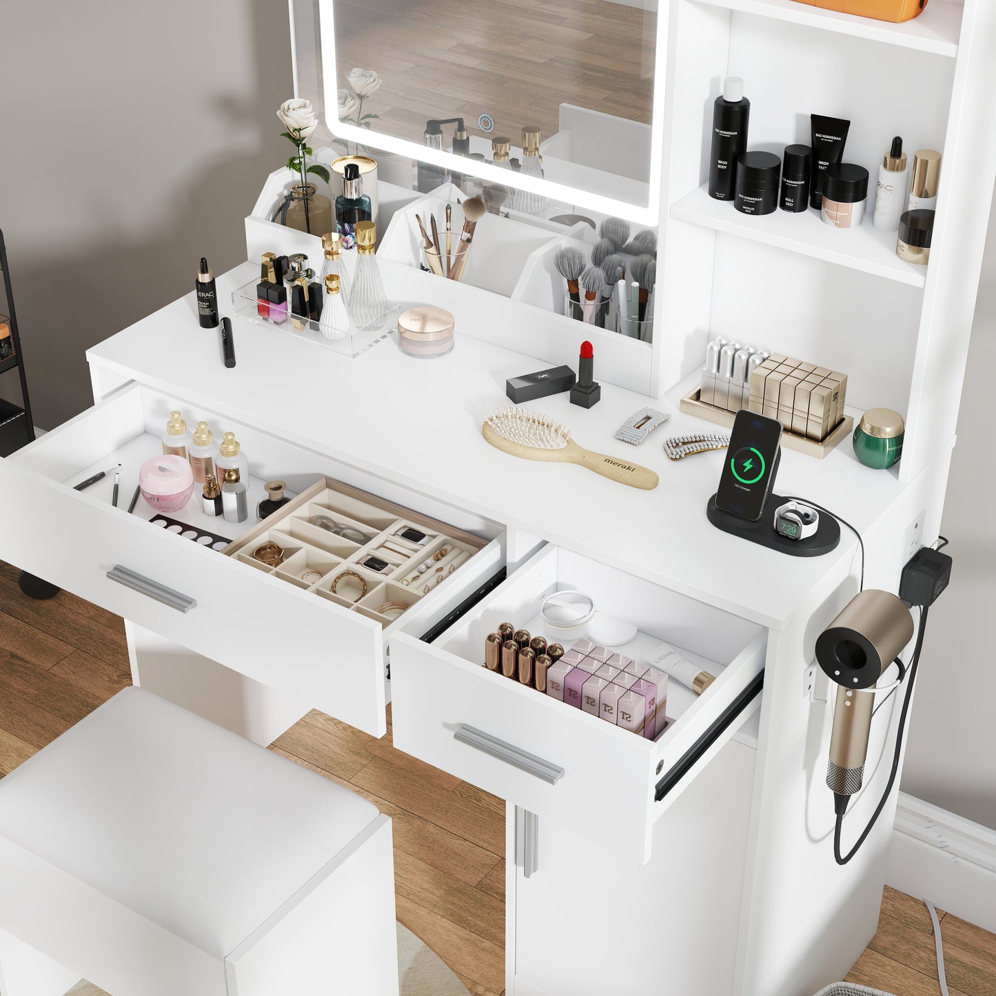 Roundhill Furniture Lavin Makeup Vanity Set, Vanity Desk with Stool, LED Light Mirror and Charging Station