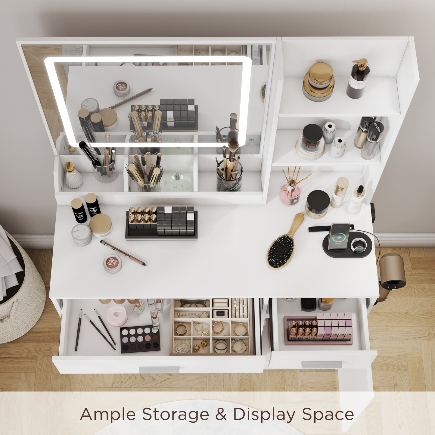 Roundhill Furniture Lavin Makeup Vanity Set, Vanity Desk with Stool, LED Light Mirror and Charging Station