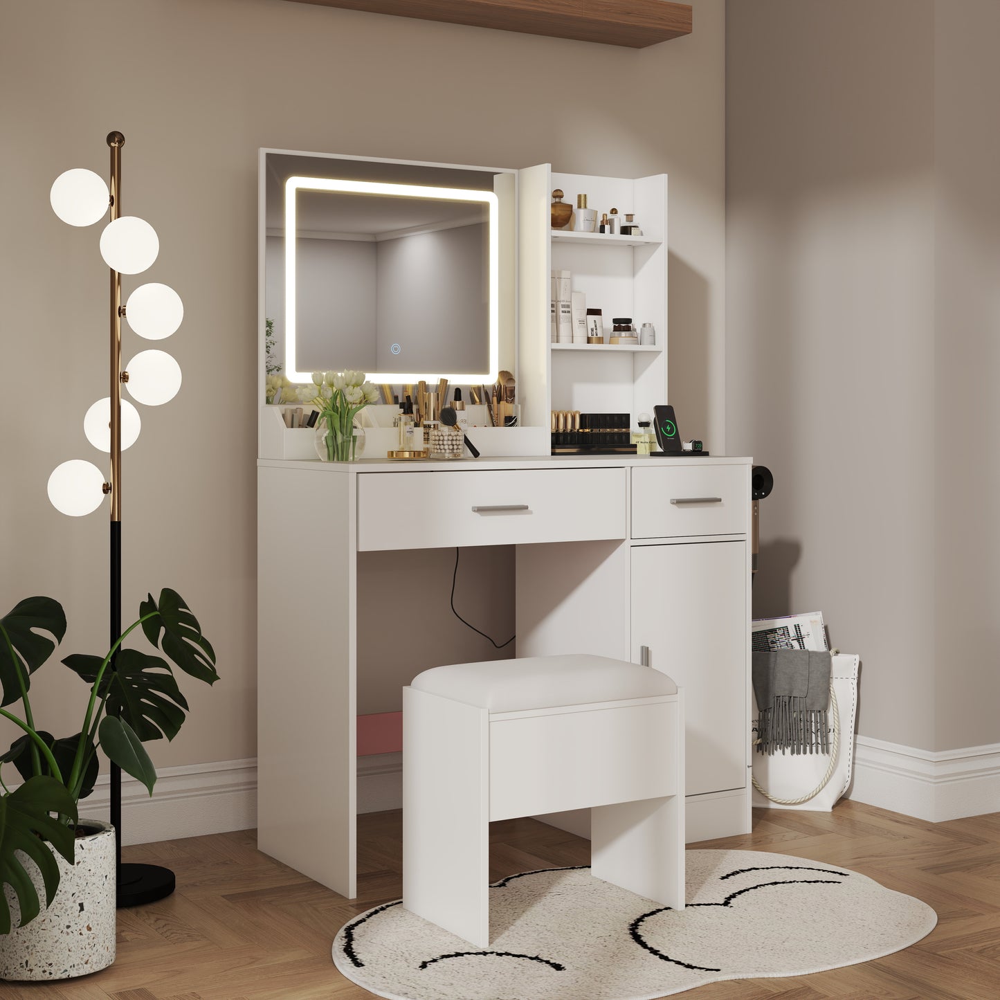 Roundhill Furniture Lavin Makeup Vanity Set, Vanity Desk with Stool, LED Light Mirror and Charging Station