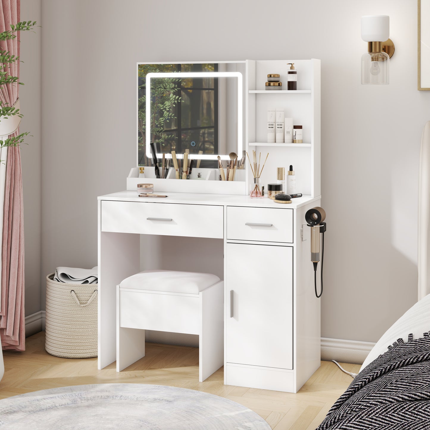 Roundhill Furniture Lavin Makeup Vanity Set, Vanity Desk with Stool, LED Light Mirror and Charging Station