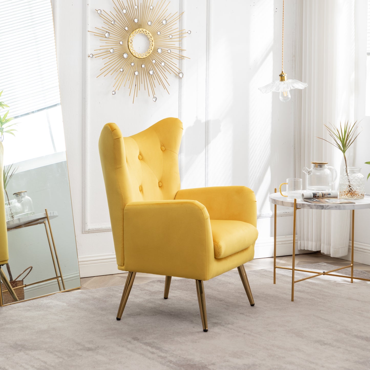 Roundhill Furniture Sovarol Velvet Button-Tufted Wing Back Accent Chair, Yellow