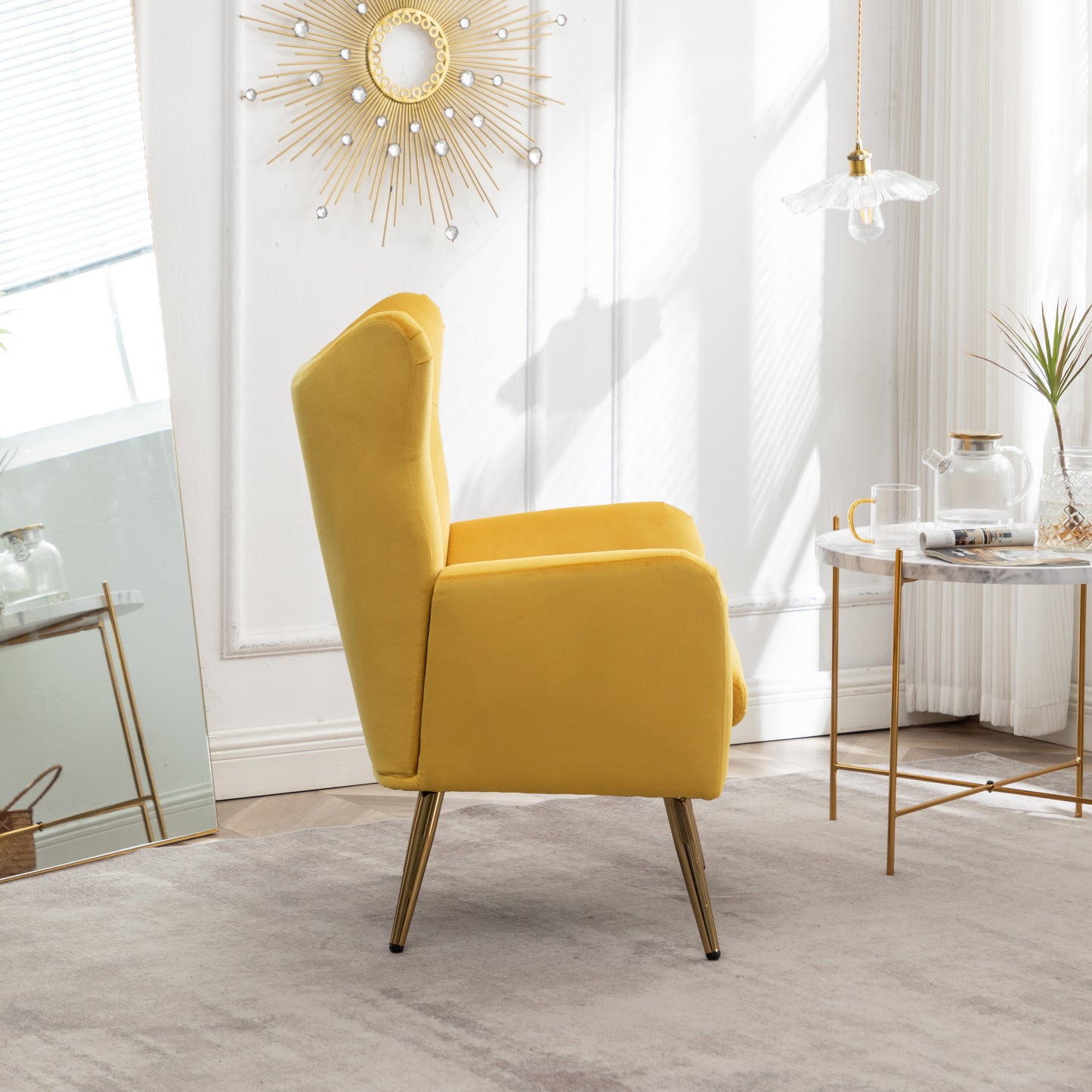 Roundhill Furniture Sovarol Velvet Button-Tufted Wing Back Accent Chair, Yellow