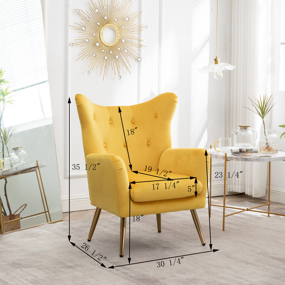 Roundhill Furniture Sovarol Velvet Button-Tufted Wing Back Accent Chair, Yellow