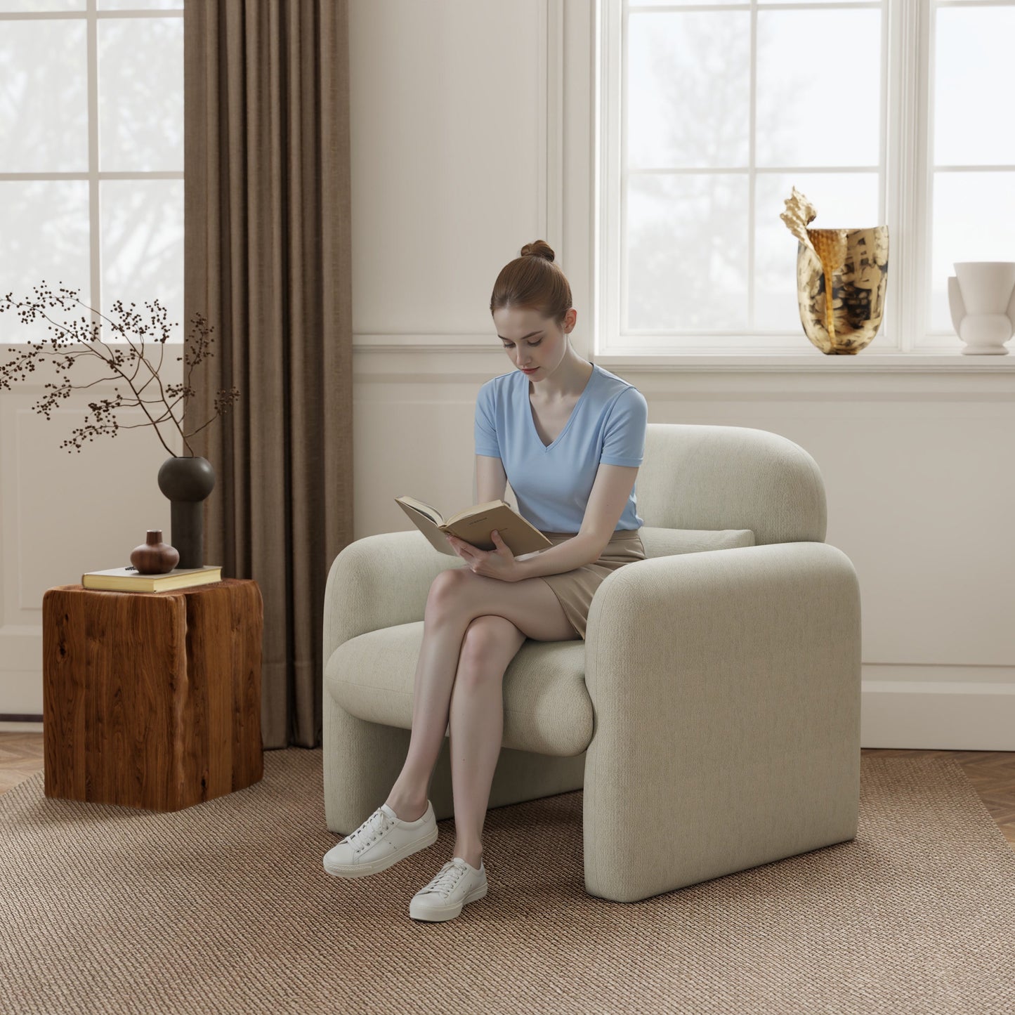Roundhill Furniture Dylan Modern Upholstered Barrel Armchair, Cream White
