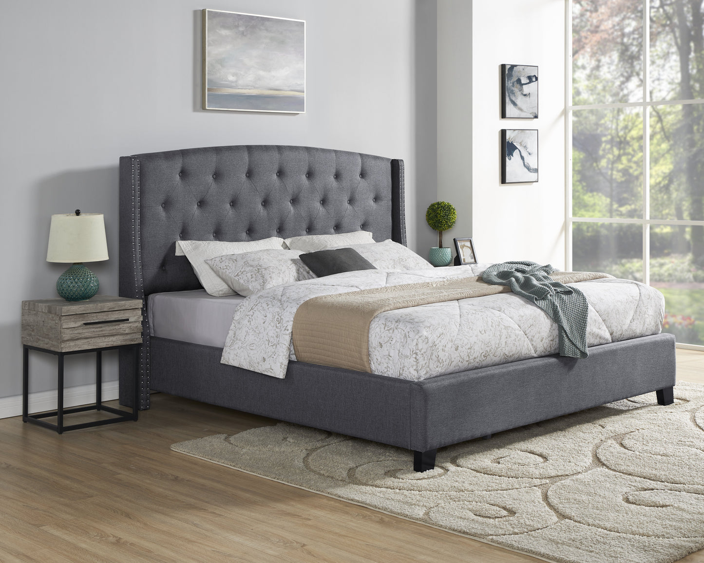 Belize 3-Piece Upholstered Bedroom Set, Tufted Wingback Bed with Two Nightstands