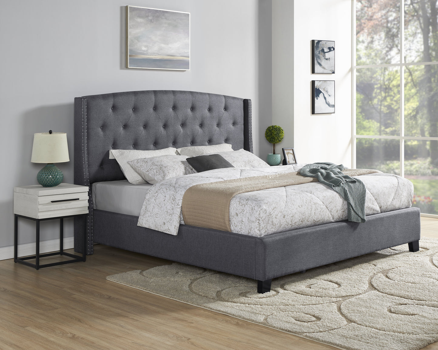 Belize 3-Piece Upholstered Bedroom Set, Tufted Wingback Bed with Two Nightstands