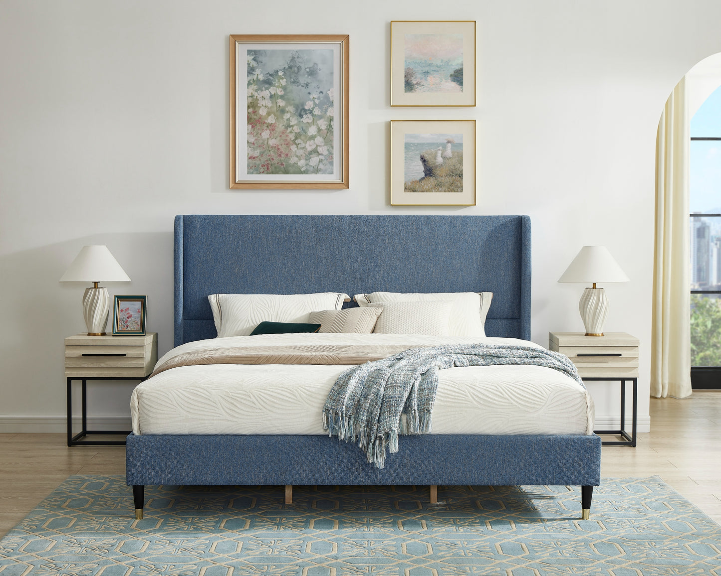 Arles 3-Piece Upholstered Bedroom Set, Wingback Platform Bed with Two Nightstands