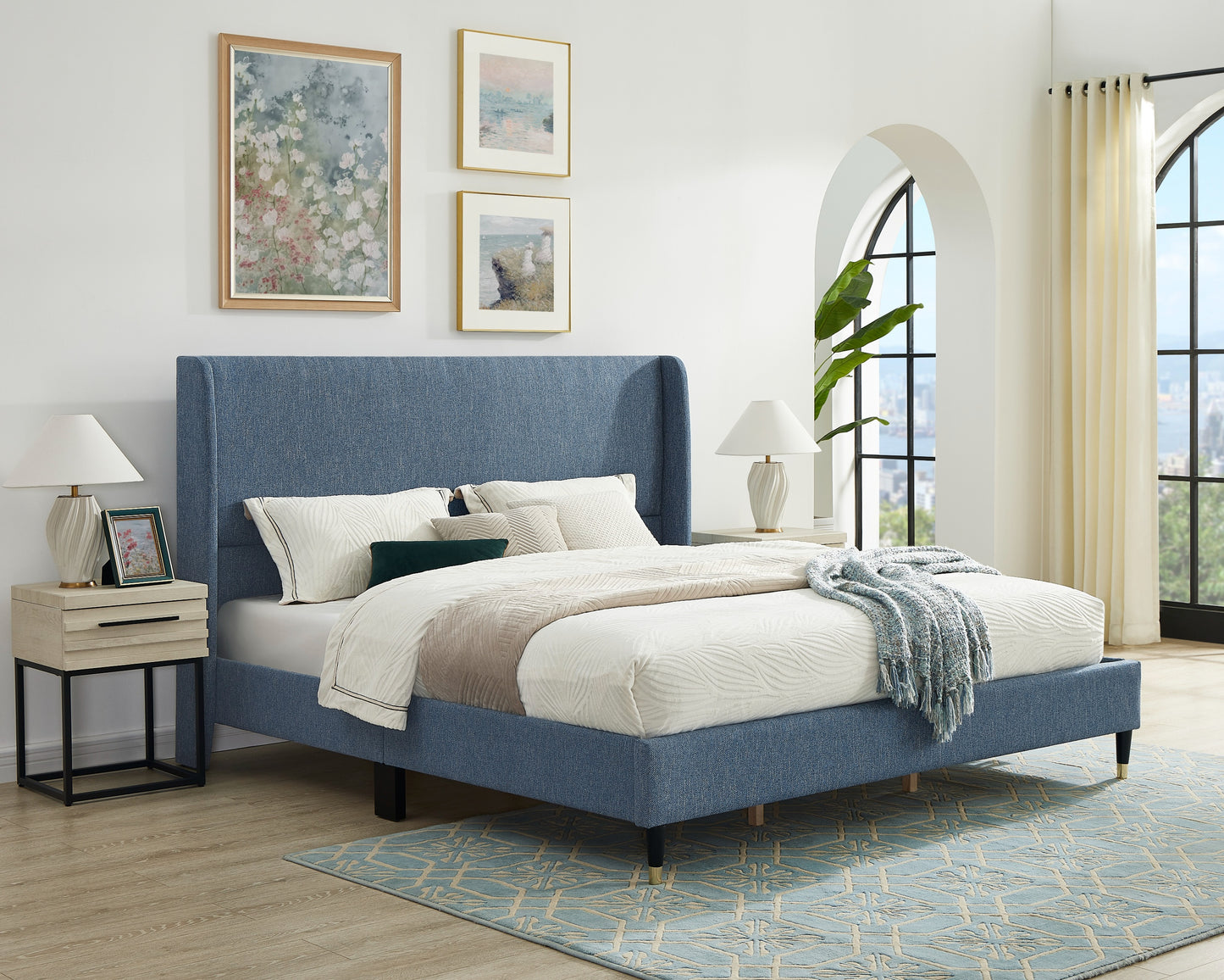 Arles 3-Piece Upholstered Bedroom Set, Wingback Platform Bed with Two Nightstands