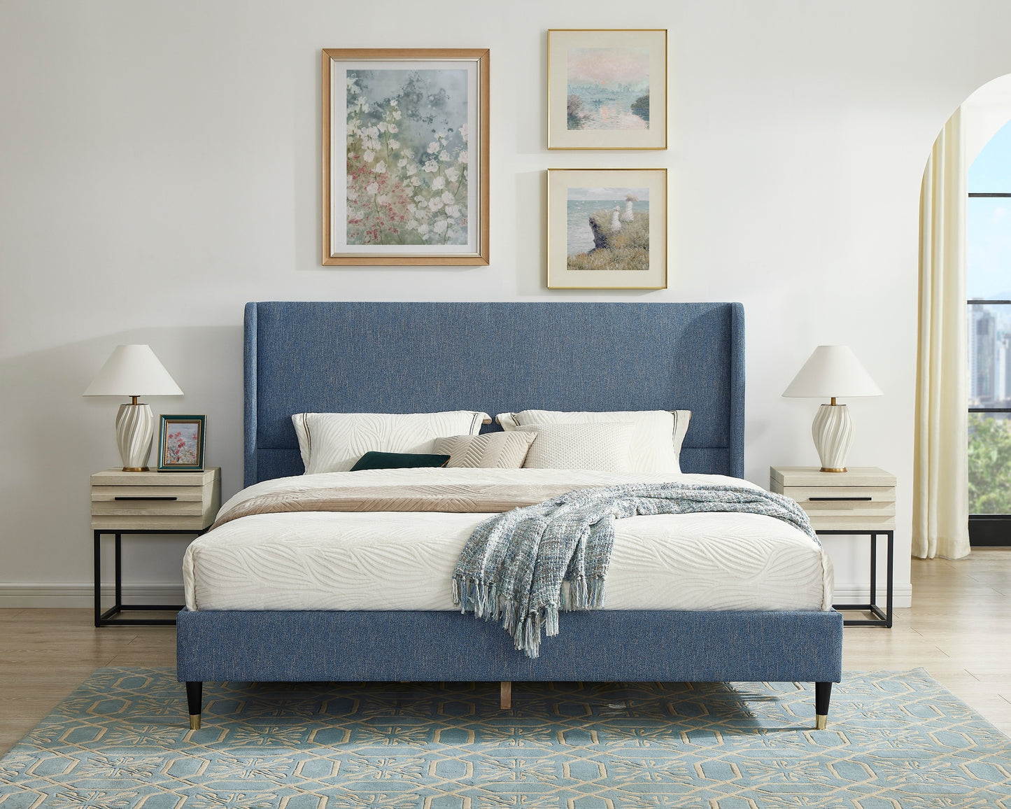Arles 3-Piece Upholstered Bedroom Set, Wingback Platform Bed with Two Nightstands