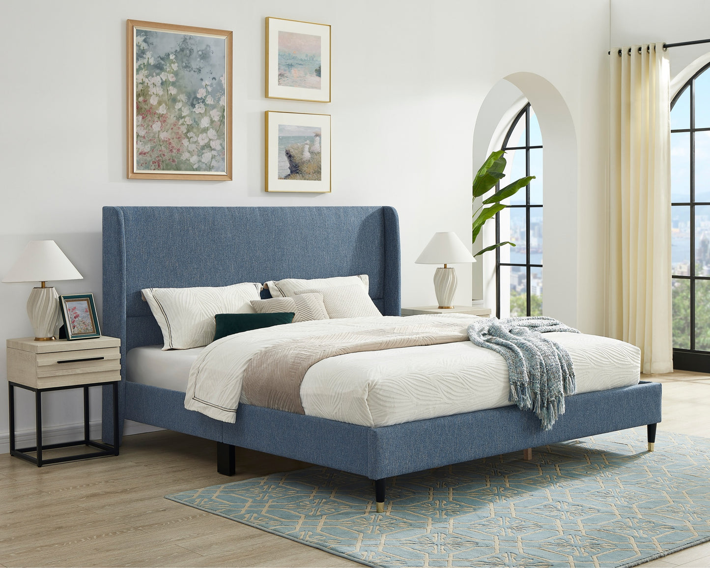 Arles 3-Piece Upholstered Bedroom Set, Wingback Platform Bed with Two Nightstands