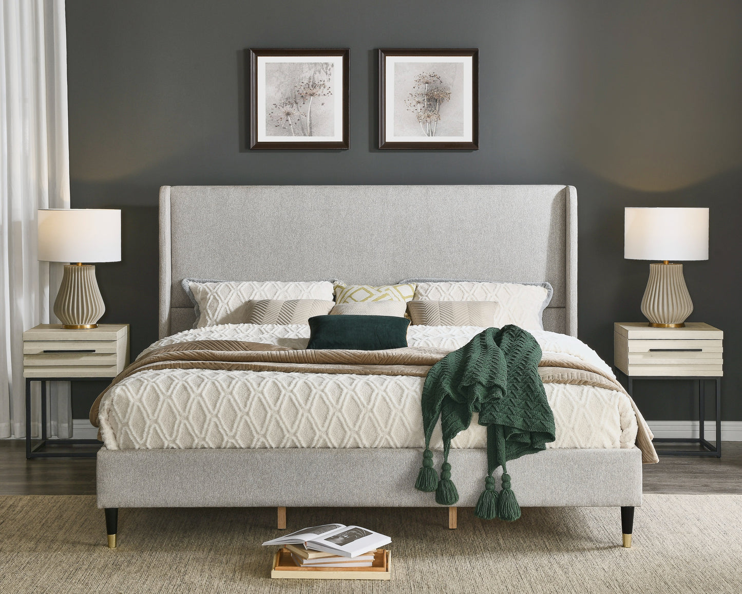 Arles 3-Piece Upholstered Bedroom Set, Wingback Platform Bed with Two Nightstands