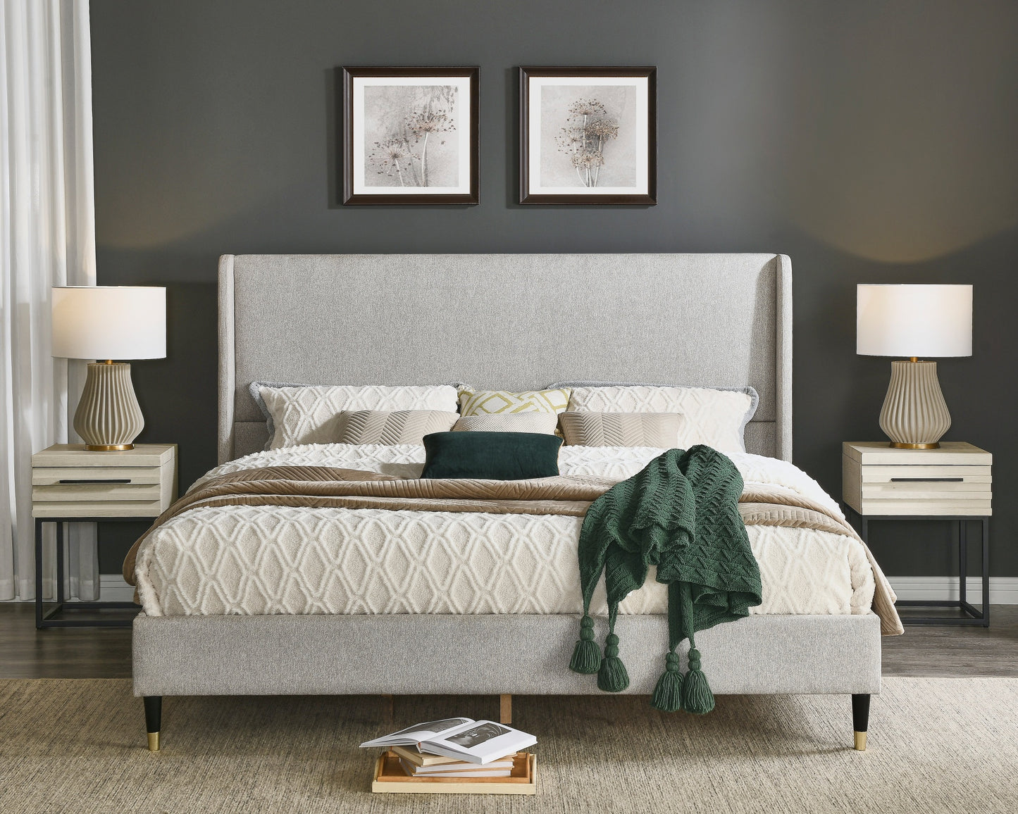 Arles 3-Piece Upholstered Bedroom Set, Wingback Platform Bed with Two Nightstands