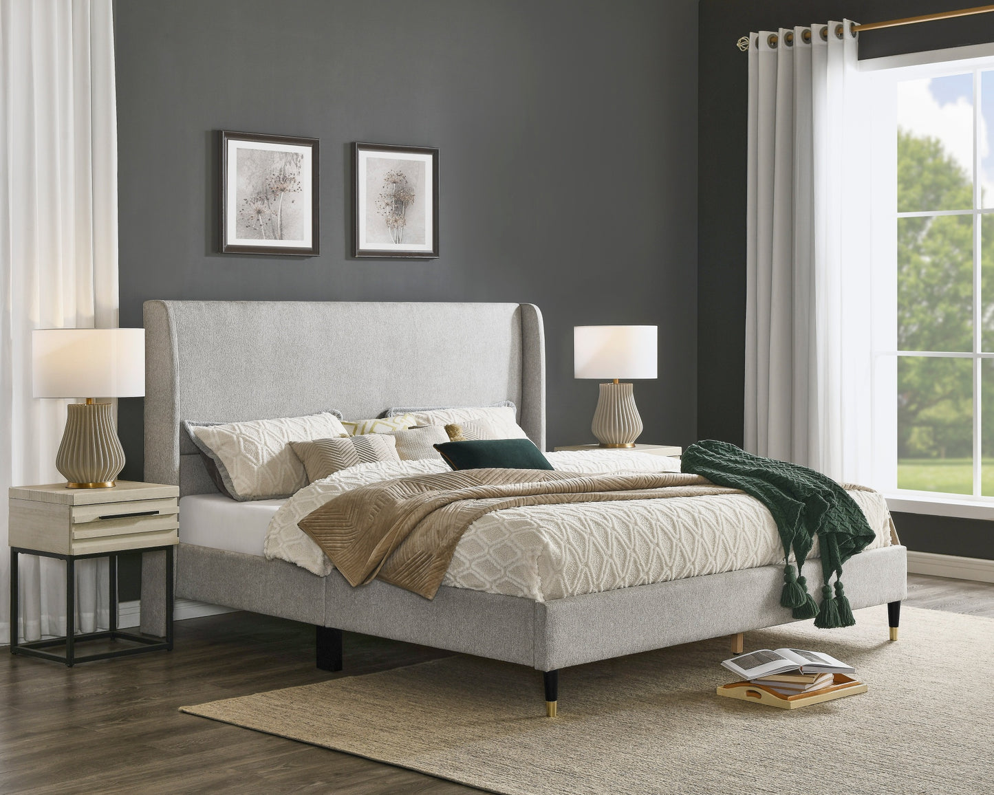 Arles 3-Piece Upholstered Bedroom Set, Wingback Platform Bed with Two Nightstands