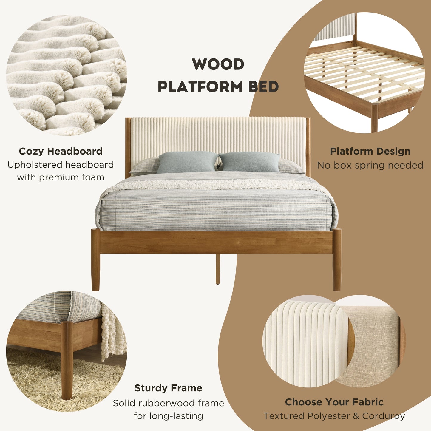 Vichy Rubberwood Platform Bed in Light Walnut, Queen